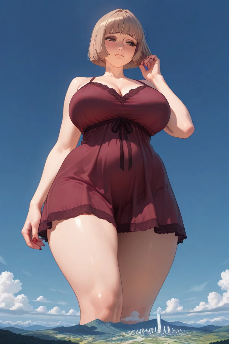 1 female，Attractive anime girl,whole body肖像，whole body，White lingerie，White short hair，Pale skin、Pale skin、Big boobs，较Big ，White sandals，