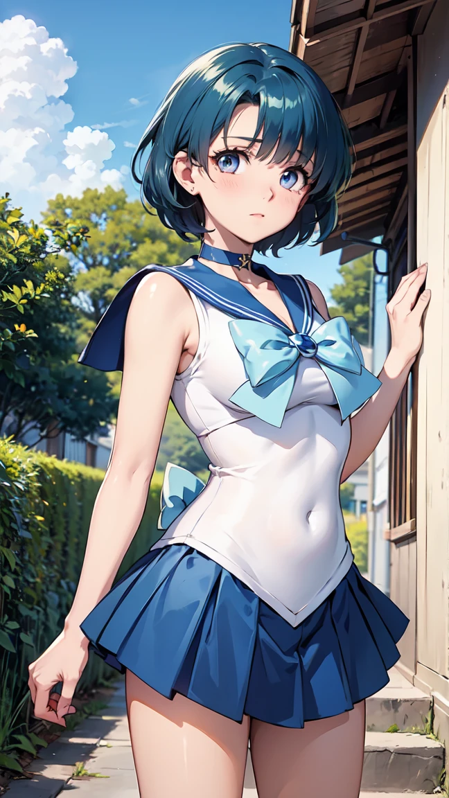 Anime Boy、Junior high school boys、gender change、gender change(Girls to boys)、Ami Mizuno、rating:safe、Sailor Senshi Uniform、Sailor Mercury、Blue sailor collar、Sky blue bow tie、Very short silver-haired boy、solo、Blue-eyed boy、puddle、a blue skirt、white glove、open_mouth、elbowgloves、skirt、smile、Blue choker、Bubbles float around him、:d、back_bow、looking_at_viewer、White leotard、highleg leotard、robe blanche、shiny、cowboy_shot、shiny_hair、water、bow、from_behind、a miniskirt、pleatedskirt、eyebrows_visible_through_hair、parted_bangs、Looking a boy standing in the water_back、bangs、blush、jewelry、Hands on the buttocks、nape of neck、circlet、Bare shoulders、
