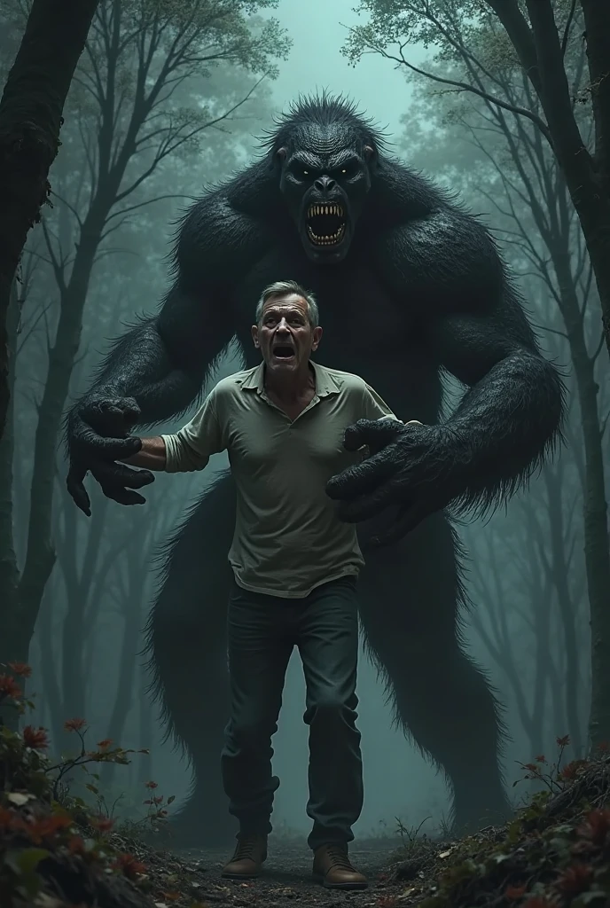 A shirtless, bushy man wearing only pants and his face completely black with a large, scary black dog with glowing eyes at his side, behind a door in a dark room in a house