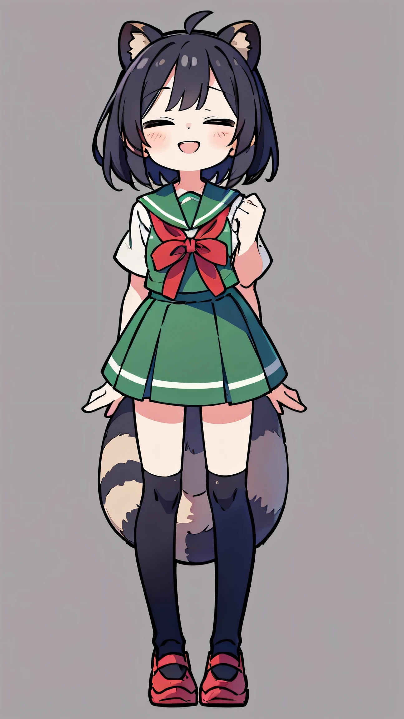 anime style、 woman、 Raccoon Ears、Raccoon Tail、 black hair、 short hair、 Green Sailor Suit、red ribbon、long skirt、knee-high、has closed eyes、They're clapping、simple background、Cute mouth、smile、 double teeth、standing