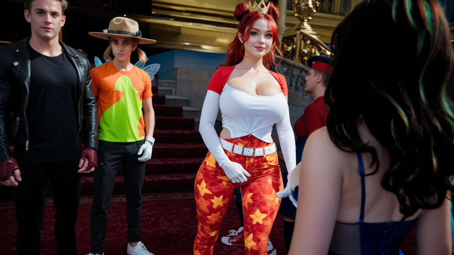 Caucasian beauty pantyhose anime,playboy cosplay, orange hair,elbow satin gloves, smiling,, sun day, crossing the street, high heels