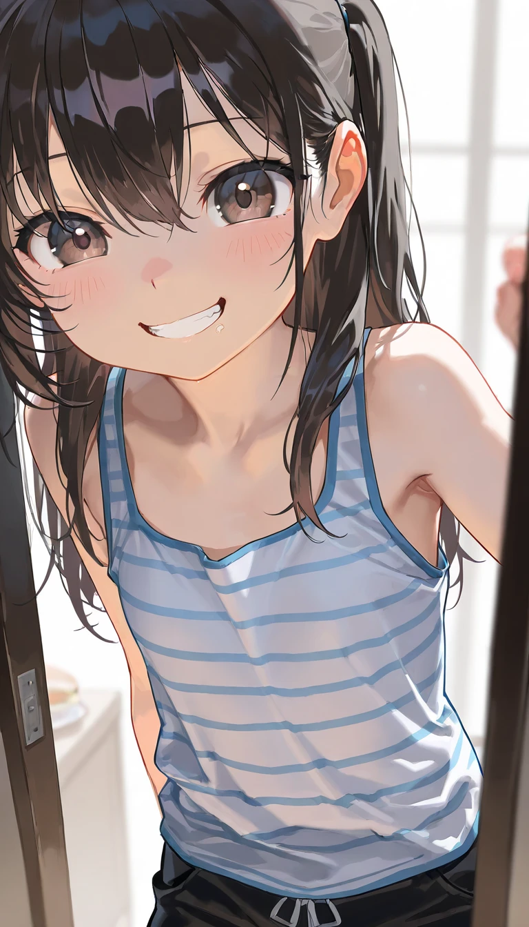 masterpiece, best quality,
1girl, summer , plaid skirt, brown hair, ponytail, smile, from front,
(wet body:1.5), classroom,