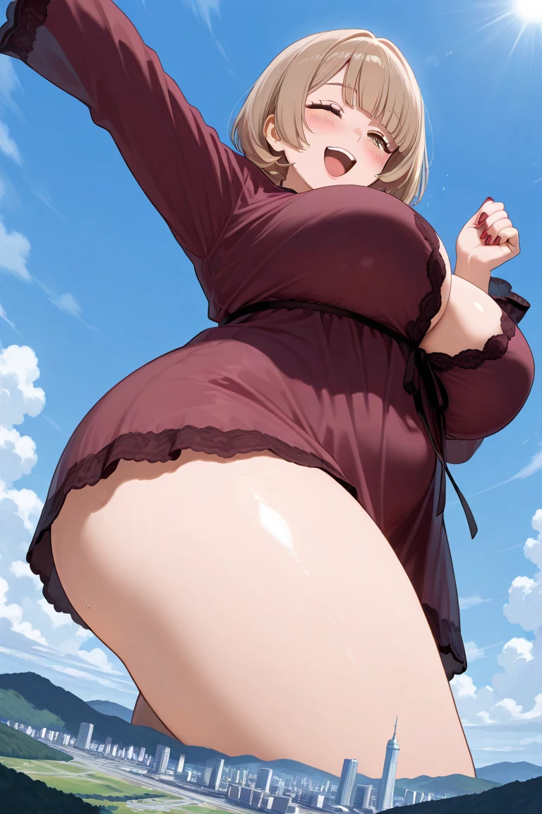 multiple girls, giantess art, highly detailed giantess shot, giantess, most detailed, perfect face, two legs, five fingers, short hair, beautiful girl bigger than a skyscraper, wearing rimless glasses, smiling, huge breasts, swimsuit, bikini underboob, navel, stiletto heels, under heavy attack, very small metropolis, miniature metropolis, full body depiction, GTS, giga giant, trampling city, crush city, tiny city, micro city, high resolution, best quality, masterpiece,