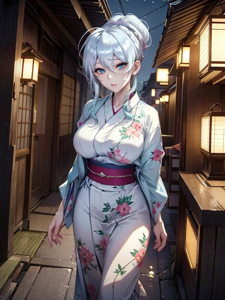 (Best Quality,High resolution,8K,finelity detailed background,Masterpiece:1.2),beautiful girl,Glossy romance gray hair,pony tail,Beautiful grey eyes,Gentle look,A refreshing look,Best quality,Best Quality,Aesthetic and aesthetic:1.2,Best details((Super detailed))(High-definition CG illustrations),yukata(Floral),Slender body,night,Fireworks display,Fireworks in the background,Fireworks,smile,blush,cute,Scrounge,Looking up,Being spoiled,super model
