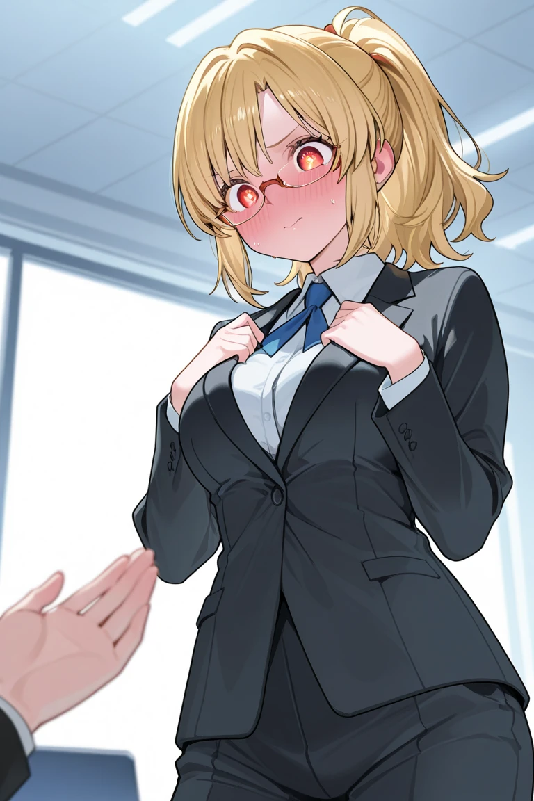 pov, hana midorikawa, footjob, foreskin, blonde, yellow lipstick, coat, white shirt, red tie, shy, from above, blush, looking away, half-closed eyes, smile, skirt