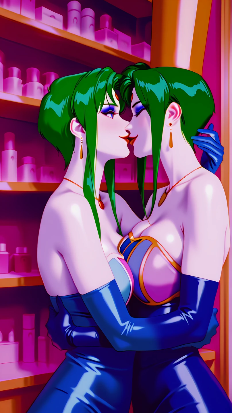 NSFW, masterpiece, (best quality: 1.2), long hair, blue eyes, green hair, worns, big breasts, evil_smile, sexy, ((NURSE)), red lipstick, fishnet stocking, ((seducing a boy)), breast-feeding, 1boy, boy touching woman, boy groping woman