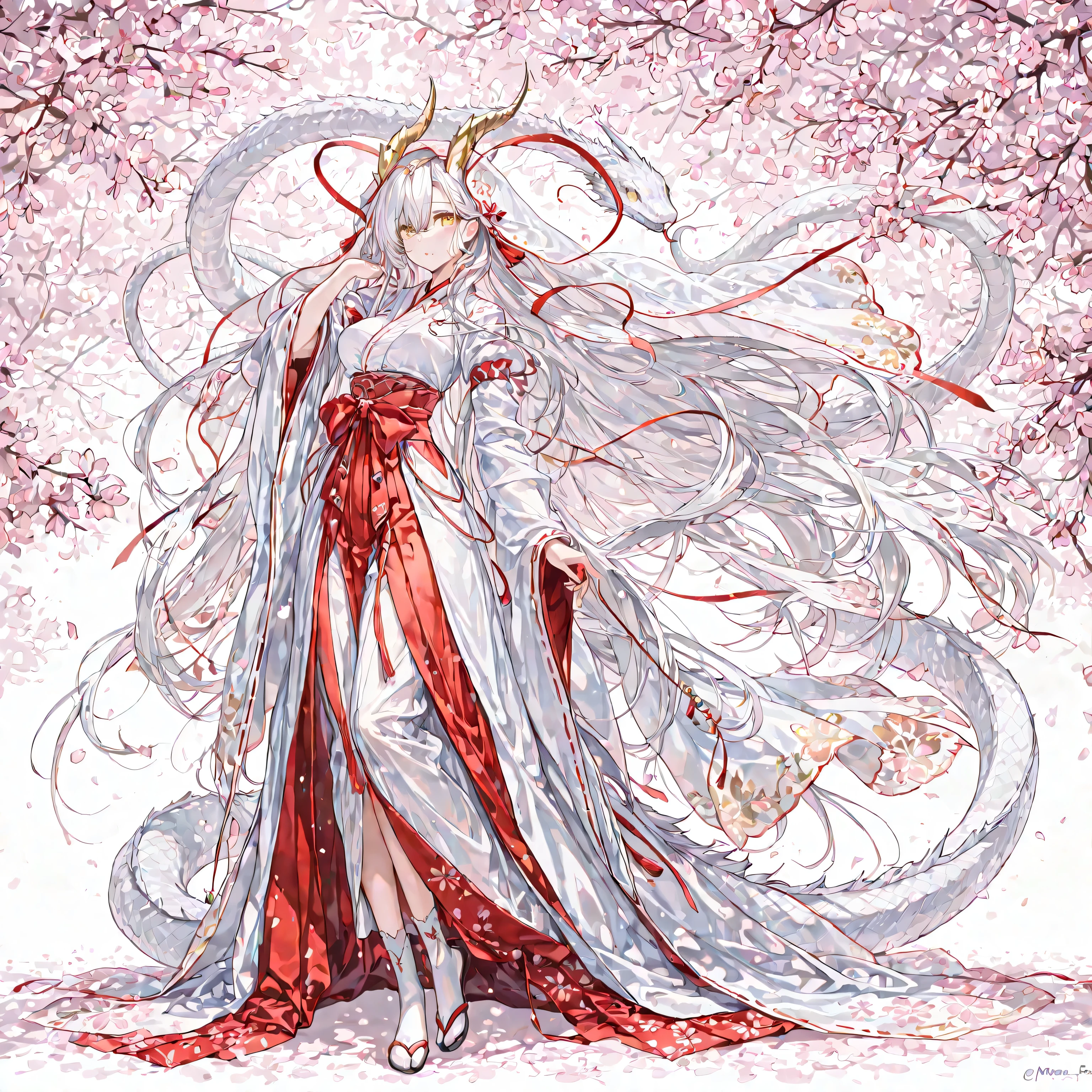 masterpiece, best quality, amazing quality, very aesthetic, girl, adult female, dragon girl, the girl has a white dragon tail ,wear transparent Hagoromo, breast, a pair of big straight golden horns , anime, wear very large and very loose luxury white Miko's costume which has many sakura pattern and composed by many Fabric strips and ribbon, 袴, white hair, long hair, Asymmetrical bang, golden eyes, Japanese style veil,Japanese split-toe socks, sakura tree background, Albino Japanese rat snake, detail hand, Anatomically Correct,