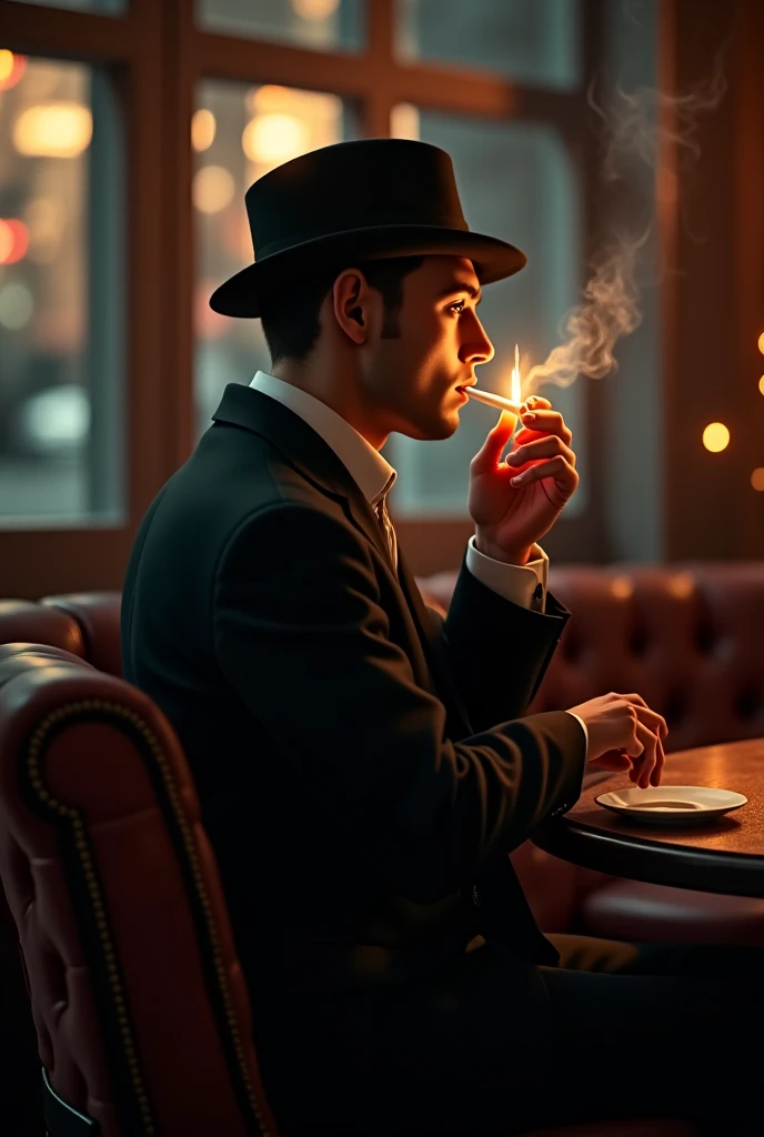 a man in a 1940s chicago bar, wearing a dark suit and fedora hat, drinking a cocktail, photorealistic,highly detailed,intricate lighting and shadows,cinematic,dramatic, moody atmosphere, film noir style