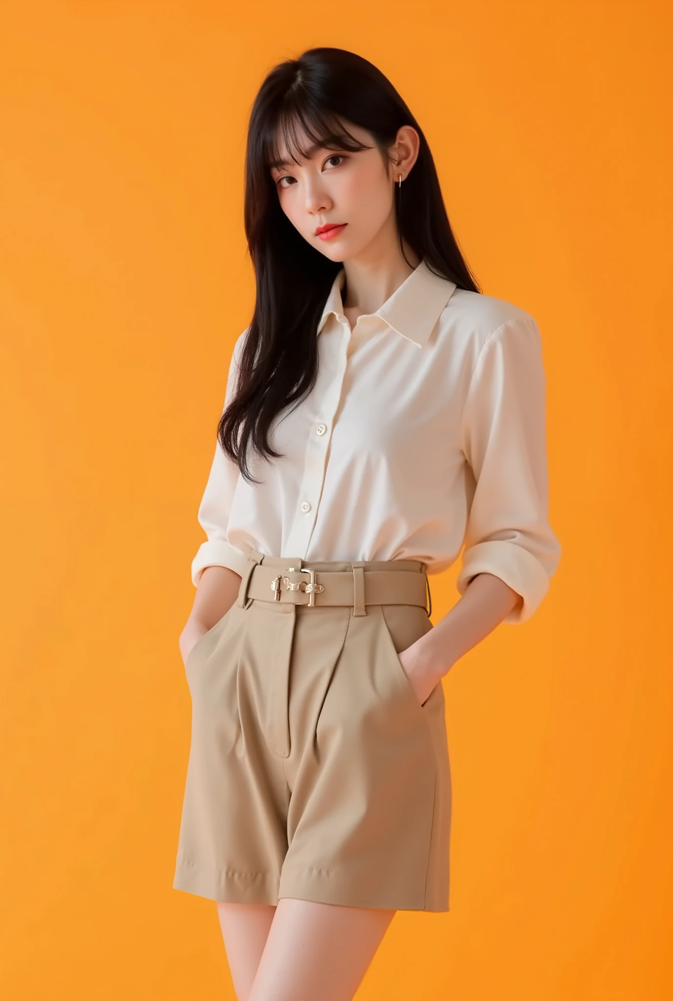 Create a realistic portrait of a beautiful Japanese idol girl in a cowboy shot. She has an elegant oval face, stunning eyes, and semi-long length black hair. Her physique is slim with a small chest and long legs. Dress her in fashionable spring attire against a simple, soothing orange background.