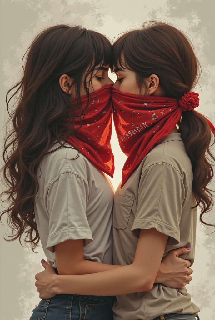 Two girls kiss face cover red bandana