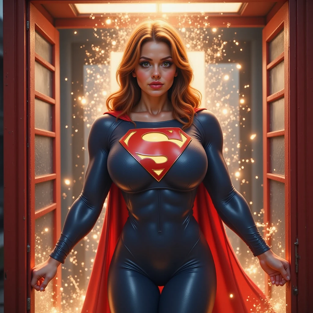 (NSFW:1.7) A SEXY FEMALE WEARING A TIGHT FORM FITTING BLUE SUPERGIRL COSTUME AND RED SUPERGIRL CAPE SITTING IN SUBMERGED IN HOT LAVA IN A MAGMA CHAMBER, PARTIALLY NUDE, ARCHED BACK MOANING AS SHE GRABS HER BIG PLENTUFUL BOOBS.