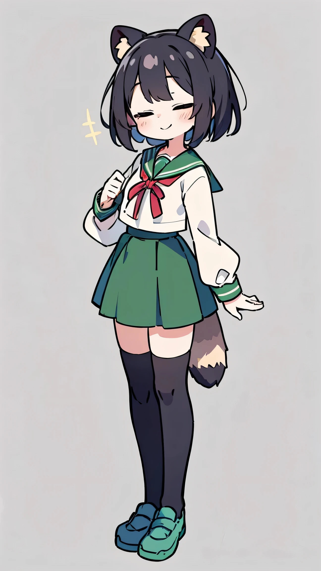 anime style、 woman、 Raccoon Ears、Raccoon Tail、 black hair、 short hair、 Green Sailor Suit、red ribbon、long skirt、knee-high、has closed eyes、They're clapping、simple background、Cute mouth、smile、I'm putting my hands together、standing