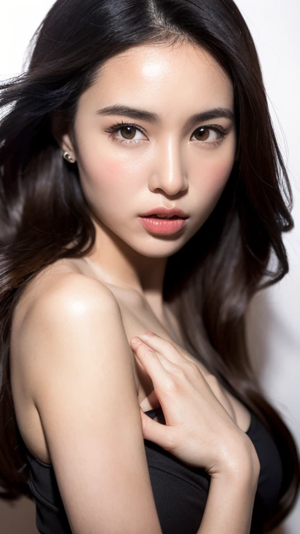 Divide Ratio : 1,1,1 Base Ratio: ((ultra detailed portrait:1.15)), (1girl:1.35, 20-year-old), Realism, highest resolution, (depth of field), (the most absurd quality),(highest quality realistic texture skin),(highest quality realistic texture hair),BREAK,((black hair, (slicked to the side), ultra detailed:1.25)), ((perfect proportions)),((anatomically correct)), ((firm and full breasts:1.25)),((the most absurd quality perfect eyes)), (super detail beautiful face), ((light pale complexion)), ((ultra detailed clear perfect round realistic $^#green_eyes:1.35)), BREAK, finely detailed pupils, detailed lips:1.3, pink_makeup:1.35, ((long_blue_eyeliner:1.3)), red_lipstick:1.3, (perfect dark_eyeshadows:1.35), BREAK, (Detailed nose:1.3), (Upper body shot), BREAK, ((wearing a tight black knitted dress:1.35)),((small round head:1.3)), ((close up of her face:1.1)), exquisite balance of shadows,perfect composition, ((look at the viewer)), Hasselblad, 85mm f/4.0