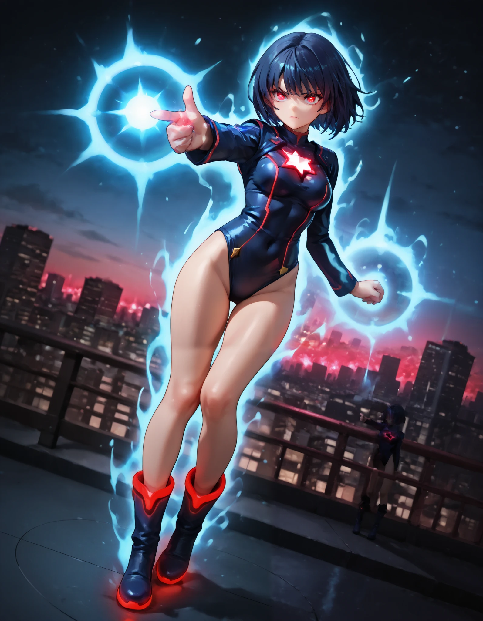 Masterpiece, Best Quality, High Resolution, highly detailed, professional, 8k, 1girl, superhero (leotard, dark blue leotard, star symbol on the chest:1.2, long sleeves, bare legs, boots, dark blue boots, matching boots), medium breasts, standing, standing straight, (dark blue hair, short hair, bob hair), blue eyes, beautiful detailed eyes, beautiful detailed face, cute face, (perfect hands, complete fingers, perfect anatomy, perfect proportions), (serious), full body with costume. (city skyline background, dutch angle), ((glowing red eyes:1.4)). spirit gun, finger gun, blue energy ball, aura, pointing to the side