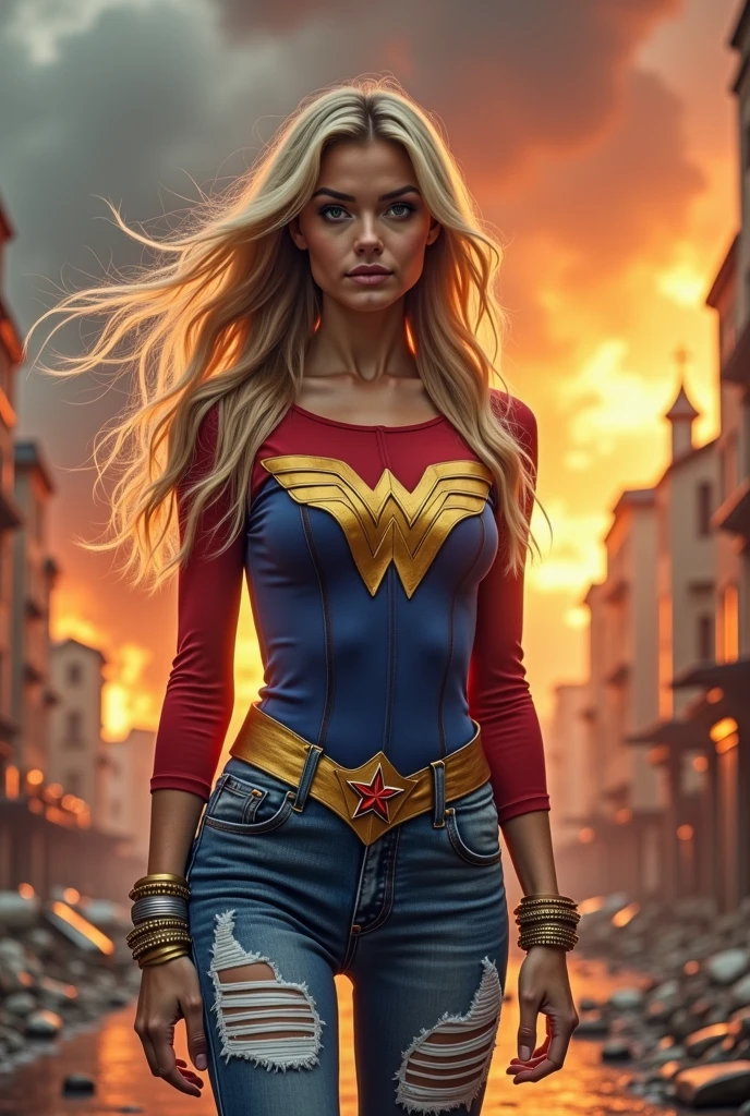 A beautiful woman with long blonde hair wearing a red and blue top with a yellow eagle-like emblem on her chest, black leggings, boots, and gold bracelets, a gold headband on her forehead on her knees screaming exhausted after an extensive battle, blood all around her in a cold and dark apocalyptic city, bloody and scary images