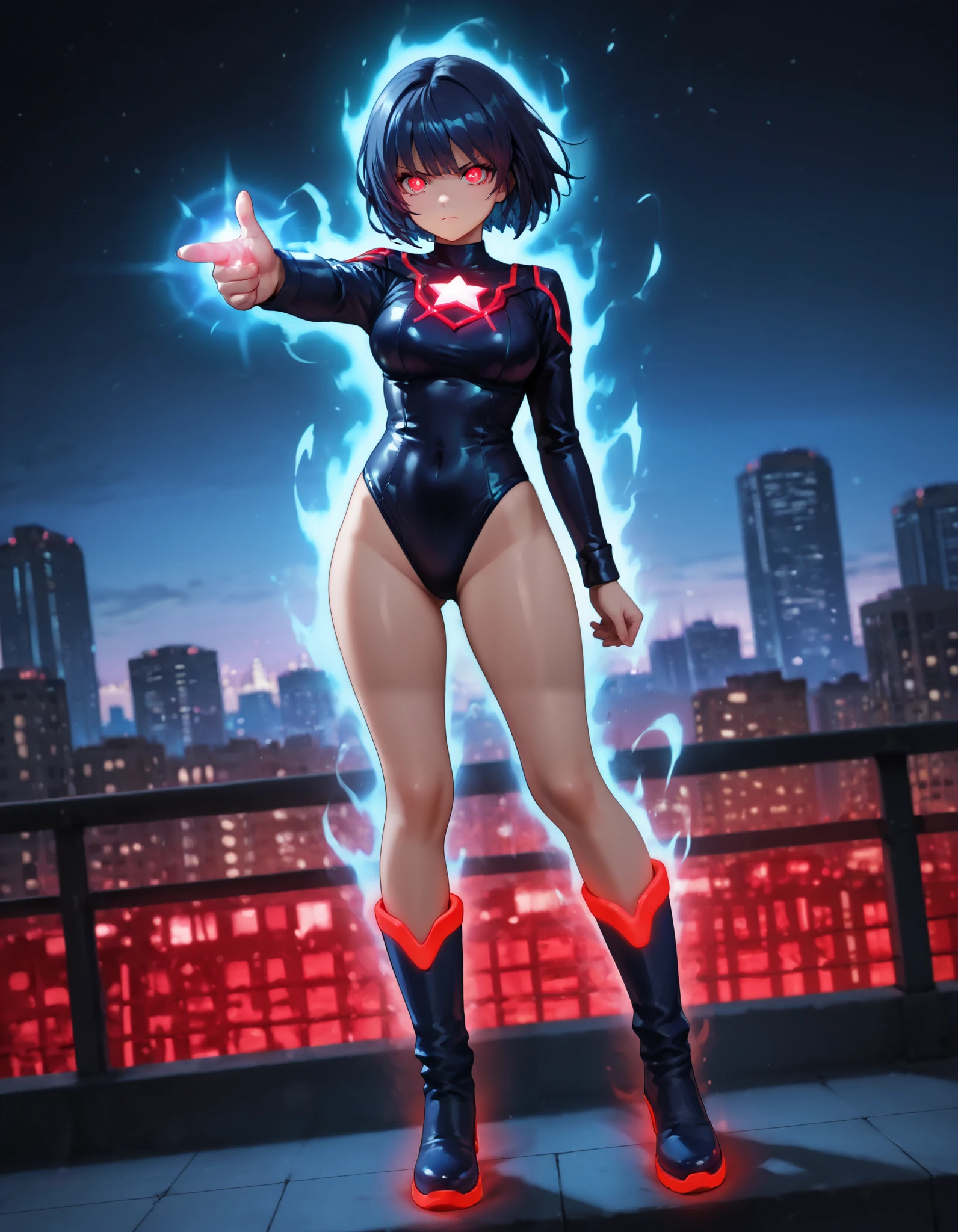 Masterpiece, Best Quality, High Resolution, highly detailed, professional, 8k, 1girl, superhero (leotard, dark blue leotard, star symbol on the chest:1.2, long sleeves, bare legs, boots, dark blue boots, matching boots), medium breasts, standing, standing straight, (dark blue hair, short hair, bob hair), blue eyes, beautiful detailed eyes, beautiful detailed face, cute face, (perfect hands, complete fingers, perfect anatomy, perfect proportions), (serious), full body with costume. (city skyline background, dutch angle), ((glowing red eyes:1.4)). spirit gun, finger gun, blue energy ball, aura, pointing to the side