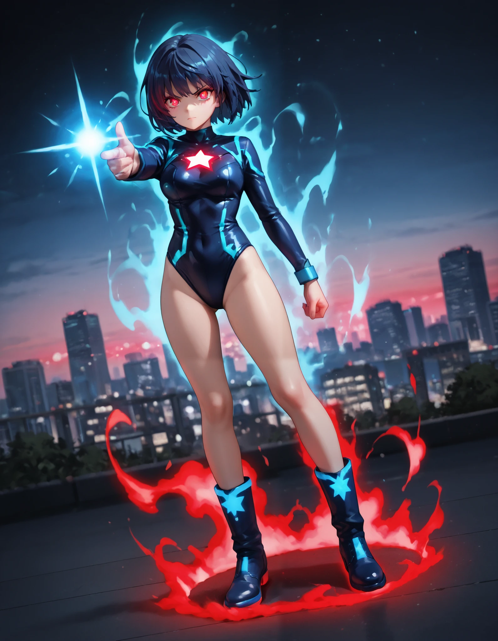 Masterpiece, Best Quality, High Resolution, highly detailed, professional, 8k, 1girl, superhero (leotard, dark blue leotard, star symbol on the chest:1.2, long sleeves, bare legs, boots, dark blue boots, matching boots), medium breasts, standing, standing straight, (dark blue hair, short hair, bob hair), blue eyes, beautiful detailed eyes, beautiful detailed face, cute face, (perfect hands, complete fingers, perfect anatomy, perfect proportions), (serious), full body with costume. (city skyline background, dutch angle), ((glowing red eyes:1.4)). spirit gun, finger gun, blue energy ball, aura, pointing to the side