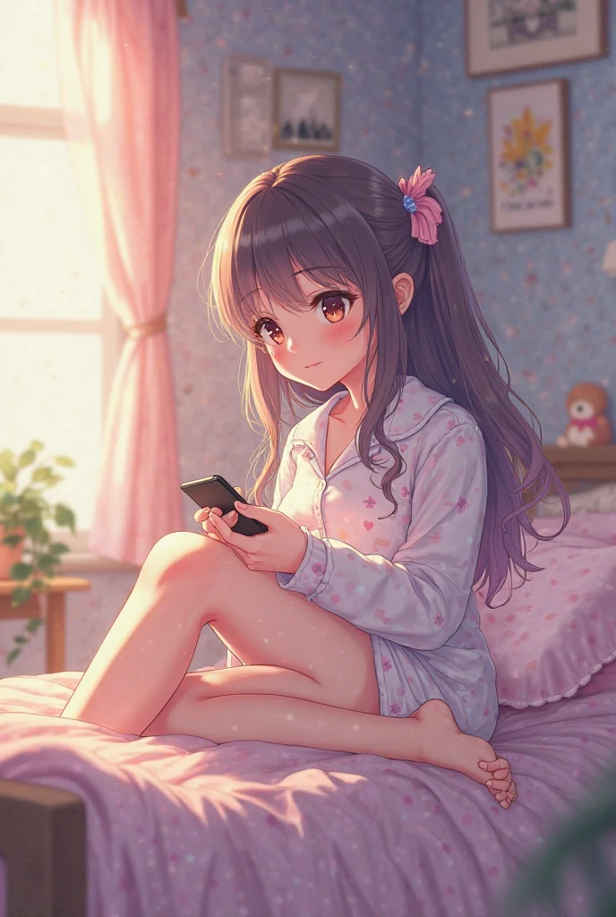 masterpiece、highest quality、High resolution、Very detailed、Medium wide shot、Beautiful eyes、Girl、On the bed、pajamaobile phone、stuffed toy、Cute room、Fancy、laughing、On the phone、
