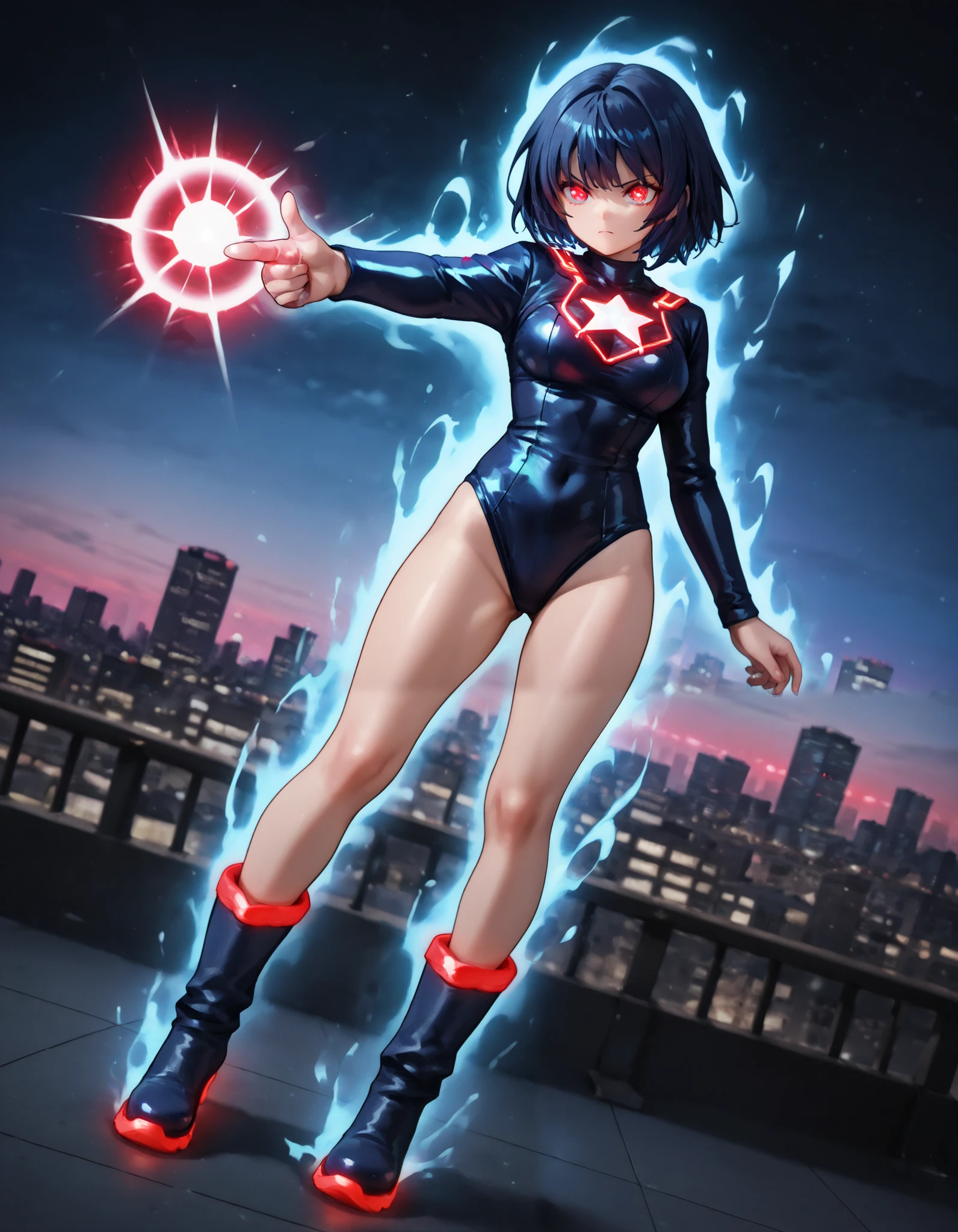 Masterpiece, Best Quality, High Resolution, highly detailed, professional, 8k, 1girl, superhero (leotard, dark blue leotard, star symbol on the chest:1.2, long sleeves, bare legs, boots, dark blue boots, matching boots), medium breasts, standing, standing straight, (dark blue hair, short hair, bob hair), blue eyes, beautiful detailed eyes, beautiful detailed face, cute face, (perfect hands, complete fingers, perfect anatomy, perfect proportions), (serious), full body with costume. (city skyline background, dutch angle), ((glowing red eyes:1.4)). spirit gun, finger gun, blue energy ball, aura, pointing to the side