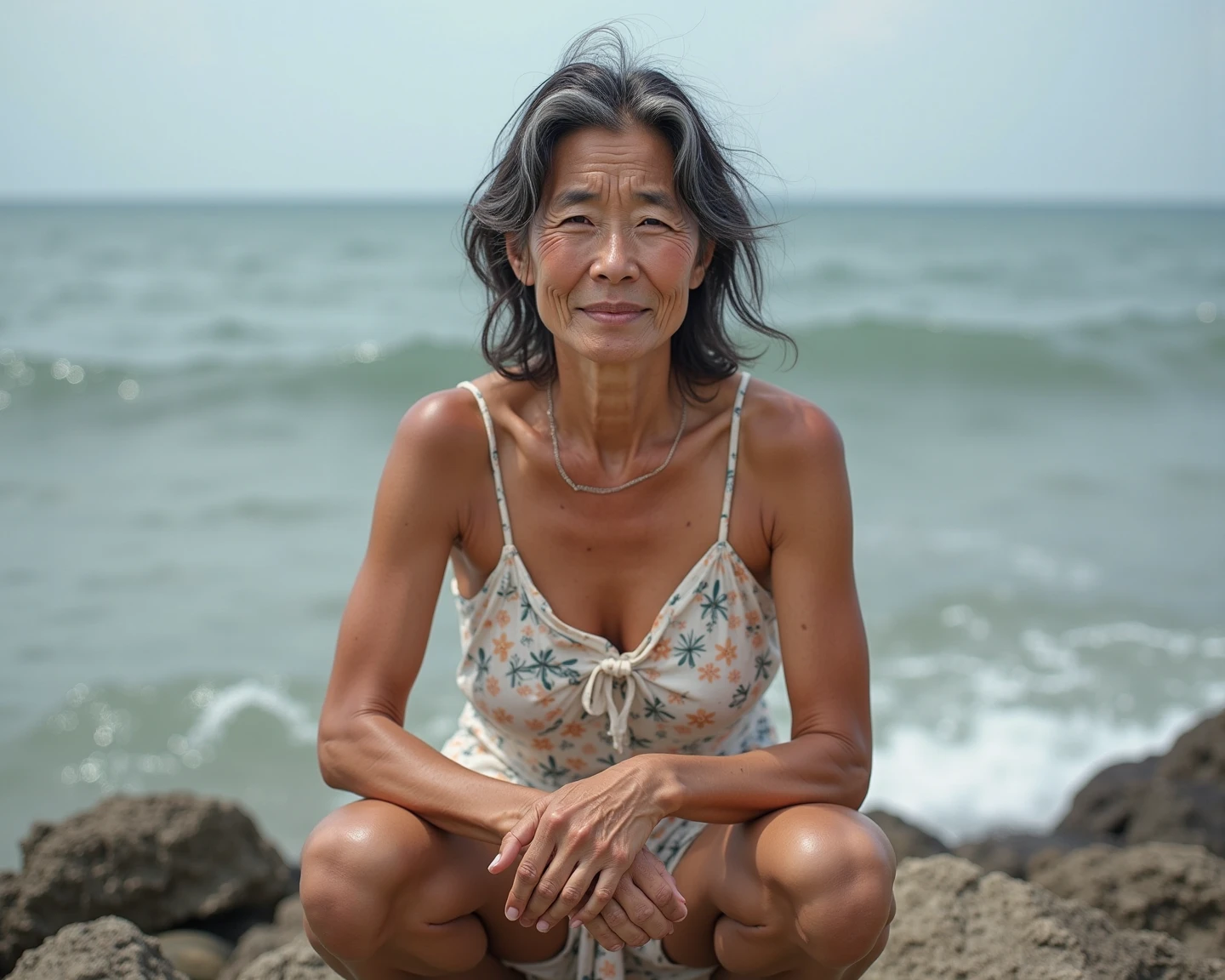 a Japanese elderly woman, 68 years old, silver hair, wearing sexy bikini, smiling