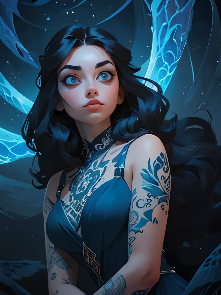 1girl, art by Tara McPherson, Pino Daeni,close up of a Futuristic (Prometheus:1.3) surrounded by Cassiopeia constellation, Fighter, Tattoos, dense flowers with Jasmine, in focus, Ultra Detailed, Depressing, Fomapan 400, L USM, Warm Colors