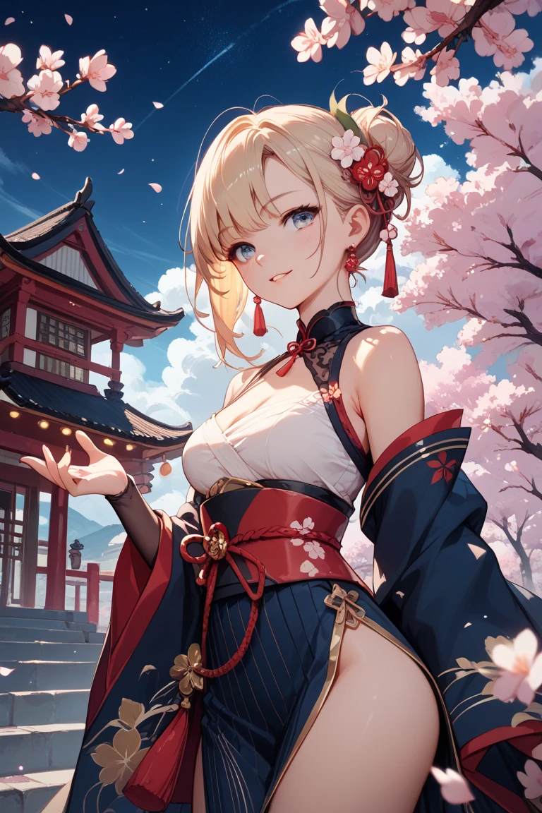 (Masterpiece, Top quality: 1.5), upper body , (holding a big folded fan:1.3),  dynamic pose, 1 beautiful girl, solo, blond hair,  (kimono :1.3), off shoulder, medium hair, wave hair, (junior high school student:1.2), cleavage, medium breasts, standard weight, (blush:1.2), smile, Beautiful scene of cherry blossom trees, magnificent panorama view, SakuraFubuki