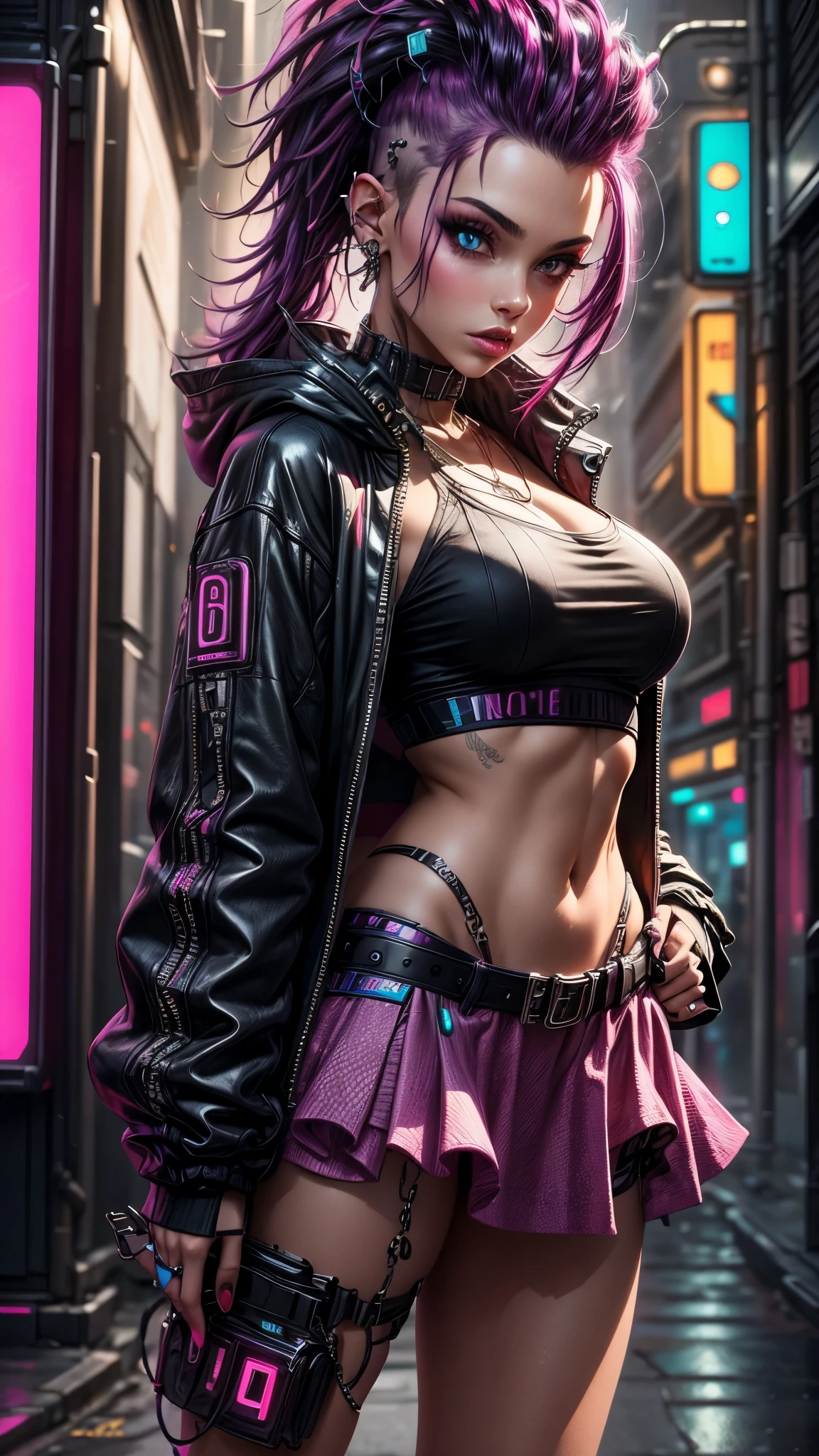 gostaria de uma imagem estilo cyberpunk em 4k de uma Mulher negra de mais ou menos 30 anos , forte, de pele negra ,rosto sexy com cabelo punk estilo anos 80 na cor do cabelo amarelo e azul muito elegante, futurista e estilo neon , com uma tatuagem super colorida e com neon ,Toattoo, facing a metro station on the platform , with station lights failing in a dimly lit environment, standing dressed in a dark yellow suit with a pink bow tie