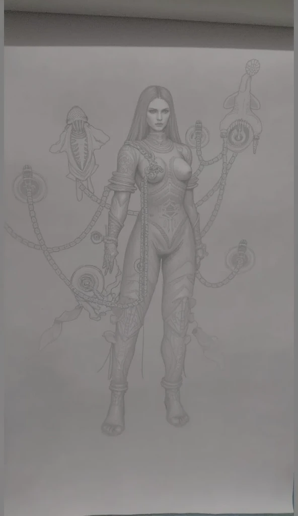 'The image is a digital art piece that appears to be a sketch or illustration of a female figure. The figure is standing in a side profile with her body slightly turned to the side. She is wearing a futuristic-looking outfit with a high-waisted top and thigh-high boots. The outfit is made up of various geometric shapes and lines, creating a grid-like pattern.\n\nThe figure has long blonde hair that is flowing in the wind and is looking directly at the camera with a serious expression on her face. The background is a light beige color with a grungy texture, giving the image a vintage or industrial feel. The word "inspire" is written in a bold, black font at the top of the image. The overall color scheme is mostly black and white, with some hints of blue and gray.
