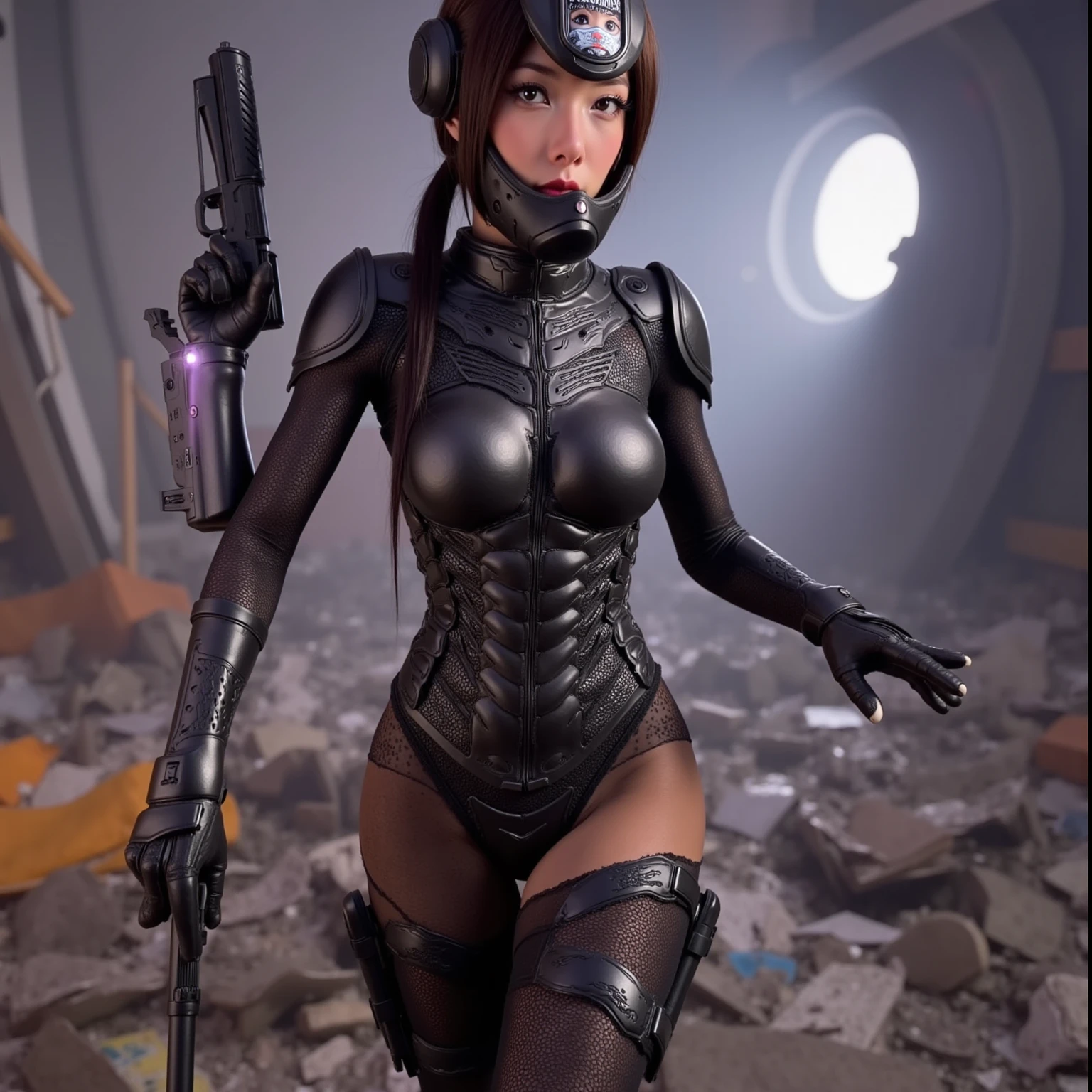 Beautiful Face,face malay in hijab, 1 Woman, Big, Curvaceous, (16k, RAW photo, top quality, masterpiece: 1.2), (HDR, Realistic, Photorealistic: 1.37) (tube attached to the body), (Bikini Cyborg robot partedium shot, ( Seductive smile)), (black eyes), princess cut,from below,(whole body),posing,,in the lab,( tube connected to blood vessel),((mechanical vertebrae attached to the back)),((mechanical neck attached to the neck)),(wire cable attached to the head and body),(character focus),science fiction,perfect female figure,perfect anatomy,ultraanatomy, Full body shot, up to 4 fingers and 1 thumb relationship,
