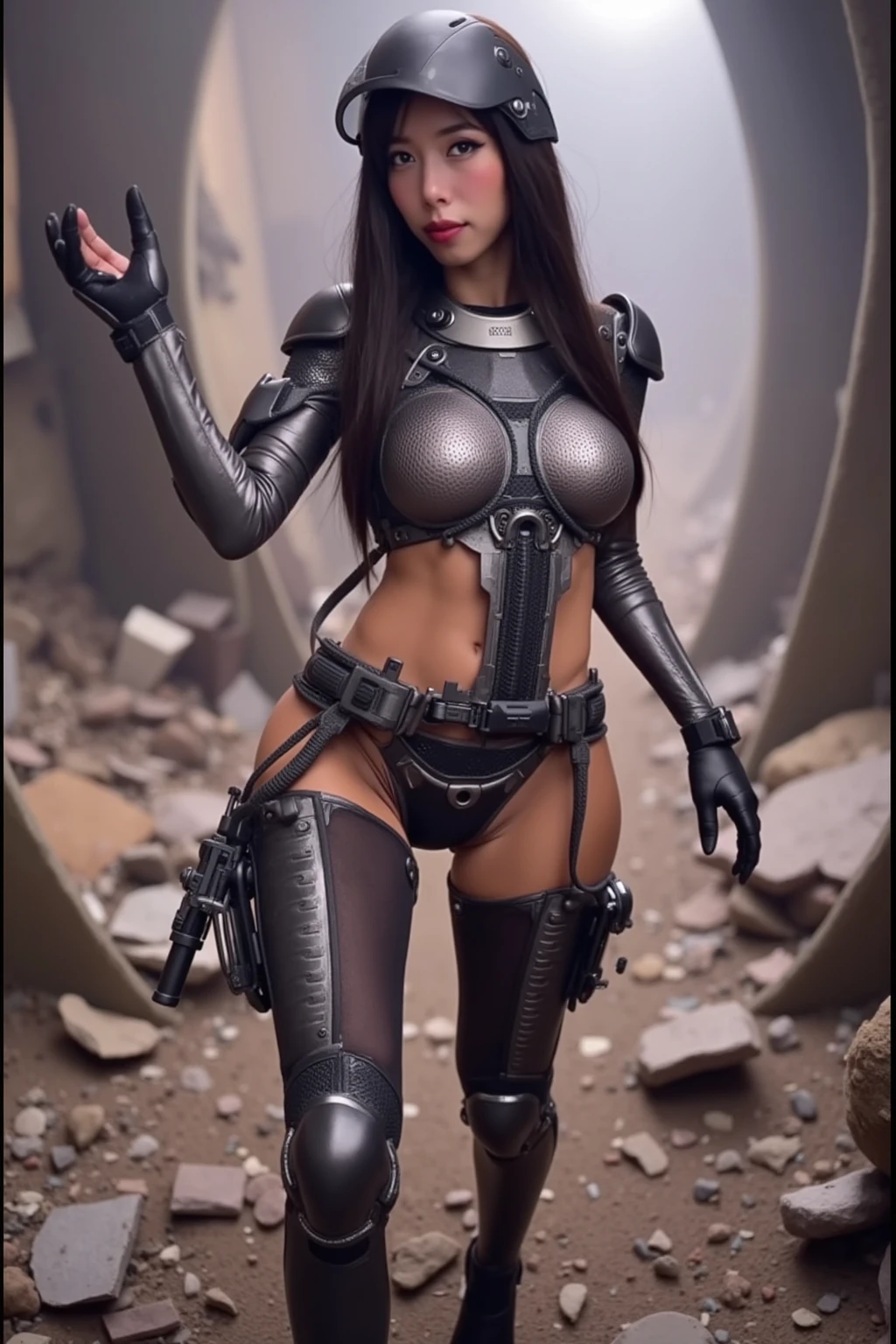(detailed), (((robot girl))), ((robot)), (Arabic characteristics), ((brown sheepskin jacket)), ((pelo negro rizado free hair)), ((free hair)), (calm face), ((black high boots)), (((whole body))), ((in a cyberpunk slum without humans)), ((women)), ((only one person)), (At noon), (((naked))), ((((vagina visible)))), NSFW