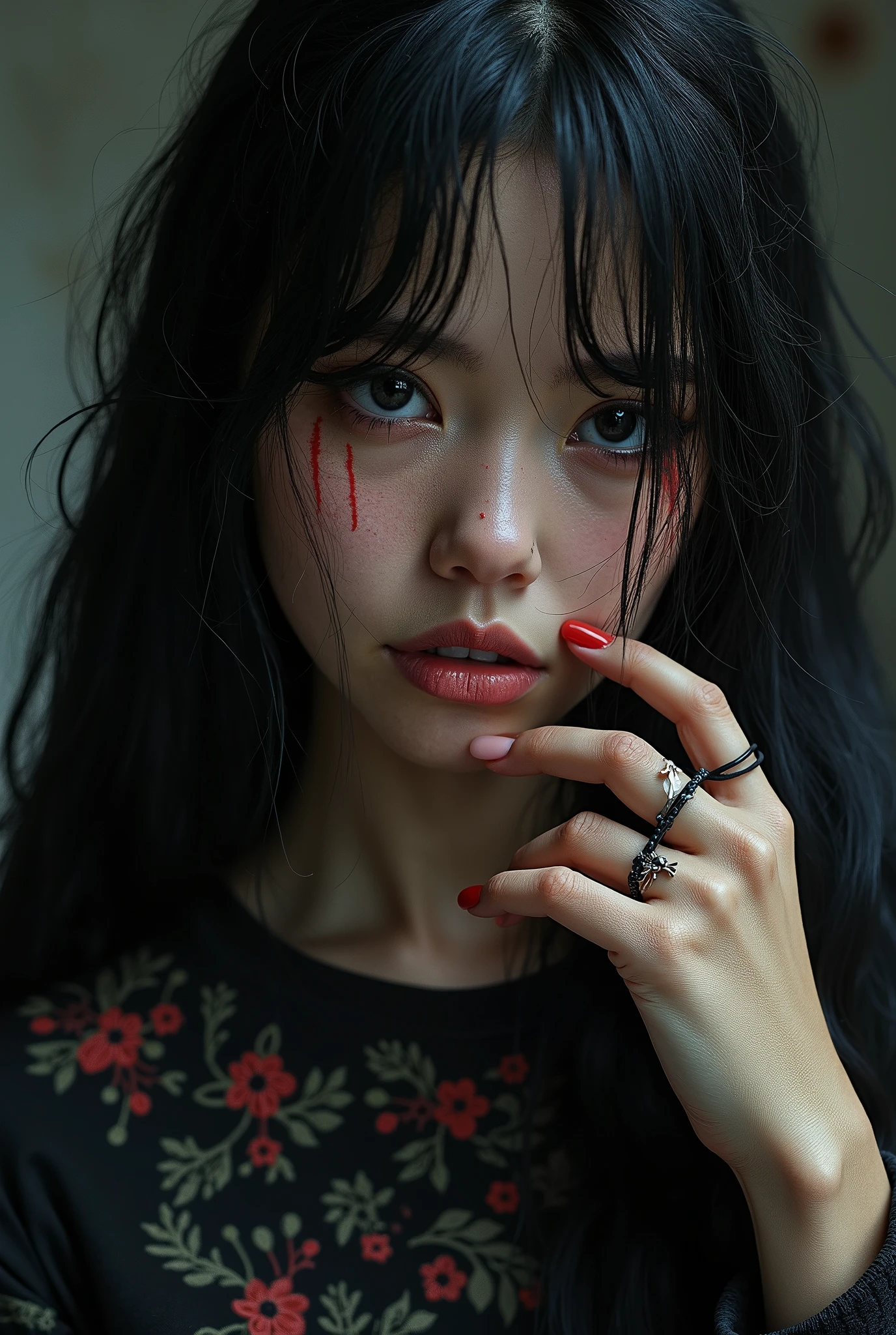 Closeup portrait of a girl with long black hair, standing alone in a dark room, painted nails, piercing black eyes, intricate details in her hair and clothing, Awe inspiring , surreal structured mix media art,, art by Luzia Caldari, Carne Griffiths and Vanessa Barragao. Coherent background, Close-up, stitching in bright colors, 3D-effect artwork, 3d vector painting, sharp focus, beautiful, highly detailed, concept art, stunning, molecular, textures, breathtaking beauty, pure perfection, divine presence, unforgettable, impressive, breathtaking beauty, Volumetric light, rays, vivid colors reflects, centered, symmetry, painted, intricate, volumetric lighting, beautiful, rich deep colors masterpiece, sharp focus, ultra detailed, in the style of dan mumford and marc simonetti