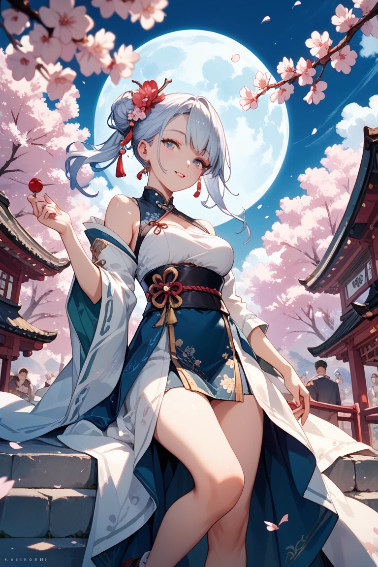 Q version,bit girl,Elaborate Eyes,largeeyes。Dynamic Angle, ((Pose all over the body:1.5), (Colorful:1.2), (Extremely detailed CG Unity 16k wallpaper:1.1), (Noise Removal Strength: 1.45), (tmasterpiece:1.37), ((offcial art)), (Colorful:1.2), (Bare shoulders:0.85), ((terrazzo, Starry sky, (( 8K wallpaper)), Starry background, Ultra detailed, Beautiful and aesthetic, Beautiful, ultraclear, Best quality)), 1girll, (in clouds of smoke:1.1), (Dynamic smoke is everywhere:1.4), (1 Chinese pattern in the middle of the girl's forehead),white colors,double-ponytail,The two sides of the Baotou are round,Double ponytails come out of the round bun,The bangs on the right have braids,There are braids on the right,There is a small pinch of long hair on the right side of the long hair,There is an X-clamp,Neck side,A girl with a weak temperament, (epic cinematic), Soft natural light, rim-light, Absurd, Amazing, Funny, 复杂, ultra - detailed, Pink flowers, White, Pink flowers, Full-body image, Shen Lixin, ((Lace-up thigh boots)), full bodyesbian, Blunt bangs, a white long skirt,Printed with purple flowers and a blue veil adorned coat, (( brownfootwear)), White long sleeves, cross-laced footwear, side locks, Pale yellow hat, Red print white pantyhose, Yellow and blue flowers, Ayaka Kamisato , (Besis heroin), Slim, Ul, pastelcolor, god light, Sparkle, Glowing light, ((Masterpiece)), ((Best quality)), Masterpiece, Best quality, hyper HD, Award-Awarded,Long white hair