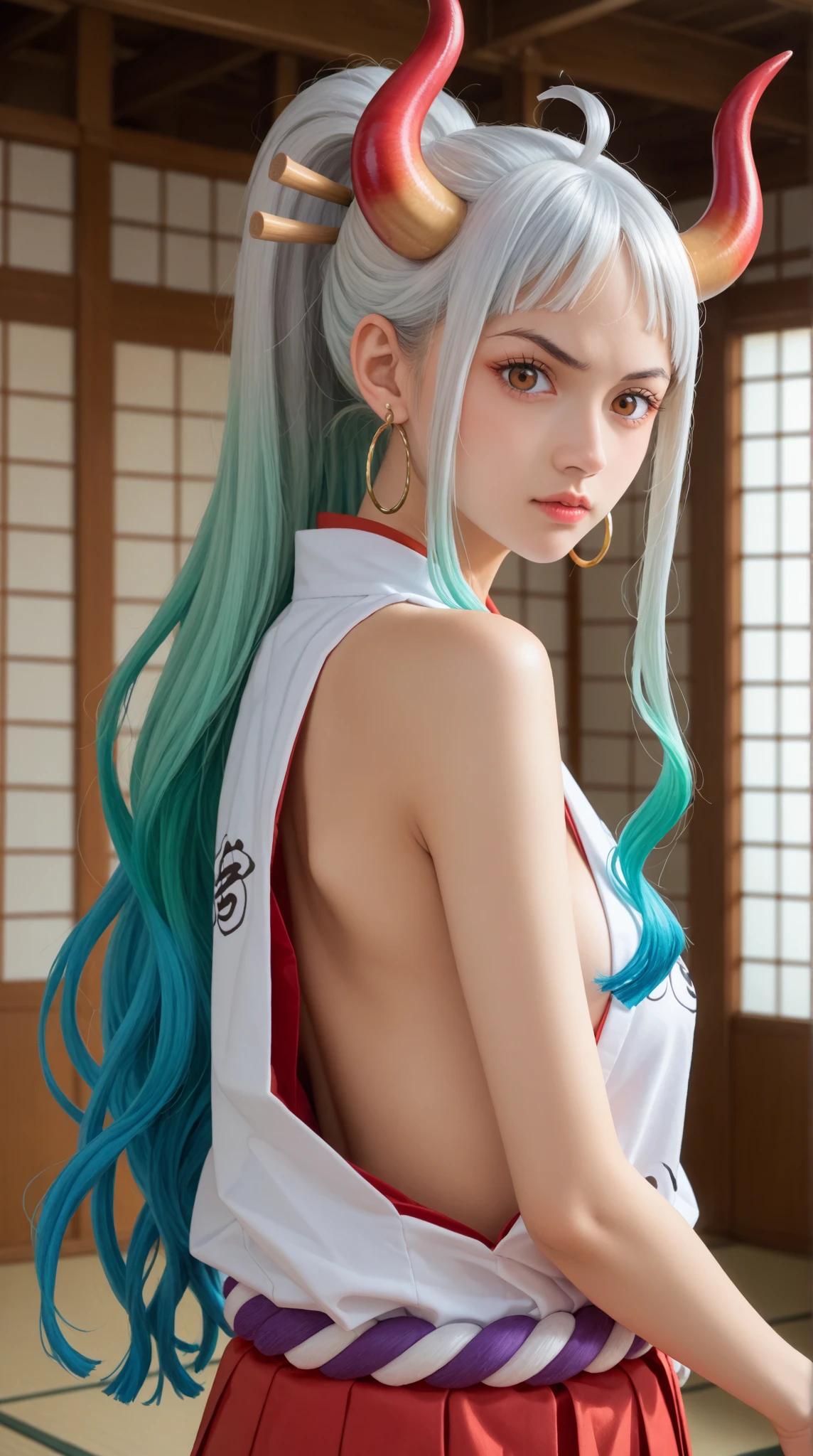 Highest quality, masterpiece, 4K, Absurd resolution, Ultra-high resolution, Very detailed, Detailed eyes, Detailed skin, Detailed Hair, Detailed face, Detailed fabric, (One beautiful girl, alone:1.1), Yamato (one piece), (Multicolored Hair, Long Hair, Gray Hair, Aqua Hair, Two-tone hair, High Ponytail, Hairpin, hair ornaments), (Big Natural Tits:1.2), (Side bust:1.2), (shimenawa, Japanese clothing with a rope, rope, No sleeve kimono, Bare arms, kimono, No sleeve, They are, Exposing shoulders, In the same way), (Wrapping angle, Red Corner, multicoloRed Corner), (Smile:1.2), Earrings, jewelry, (Big eyes, Brown eyes), clavicle, Cowboy Shot, V-shaped eyebrows, ((Hourglass Shape)), Sexy pose, ((Browsing Caution))