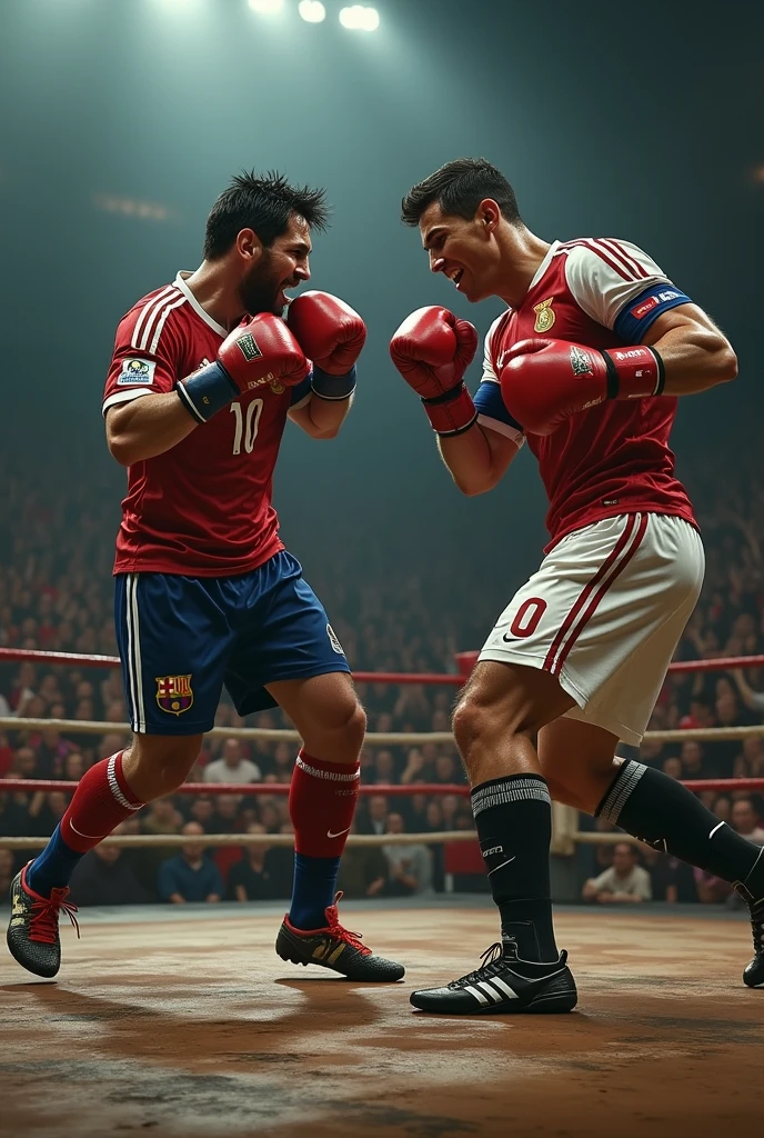 cristiano ronaldo,messi,wwe stage,powerful punch,dynamic action scene,hyperrealistic,photorealistic,cinematic lighting,dramatic shadows,highly detailed,epic scale,unreal engine,volumetric fog,dynamic motion blur,hyper realistic,cinematic composition,dramatic chiaroscuro,moody atmosphere,intense emotion,photo-real details,masterpiece,best quality,8k,high resolution,ultra-detailed,cinematic quality