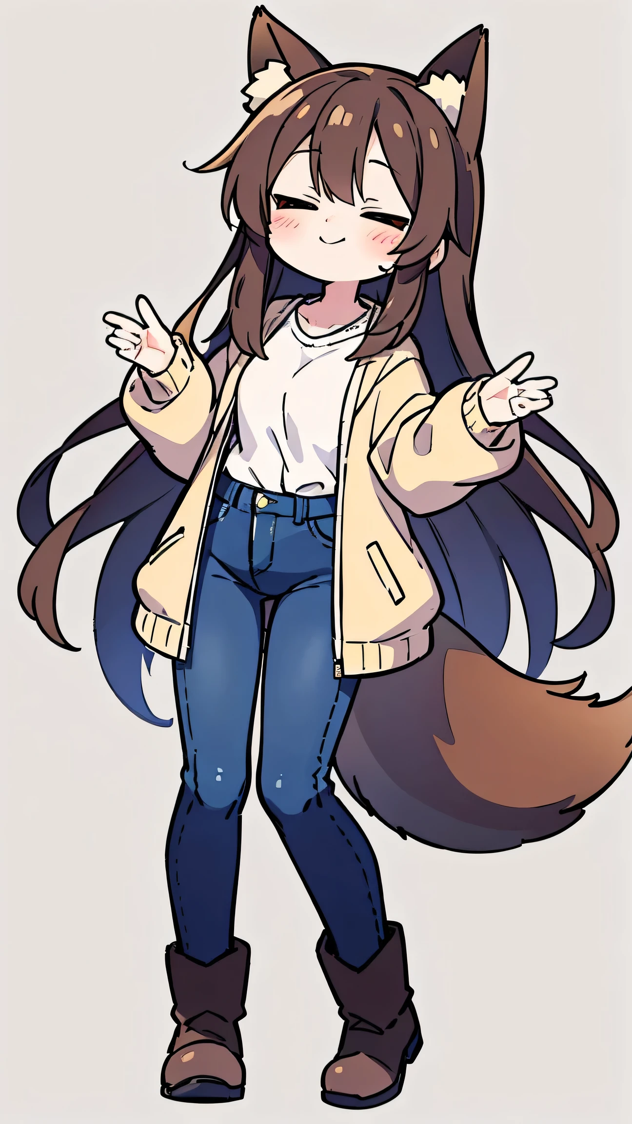 anime style、 cute face、 woman、 fox ears、 Caramel brownhair、tail、long hair、 beige jacket、jeans、boots、simple background、has closed eyes、、Cute mouth、smile、standing、and I'm opening my mouth、I'm putting my hands together、They're clapping、