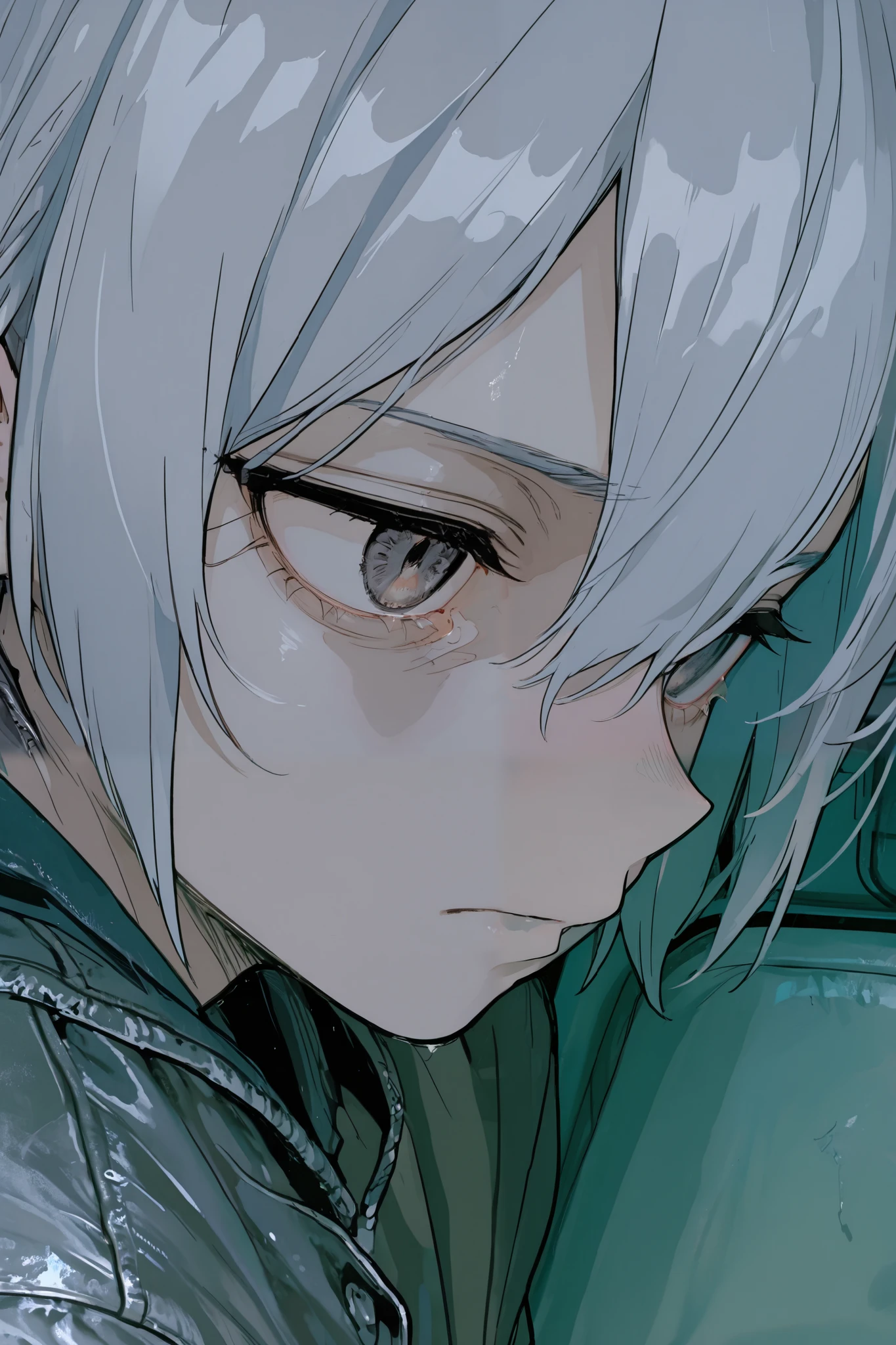 serious expression, short silver hair, Anime style, student uniform, close up portrait, side view, Empty gray look, soft leather, Minimum fund, Interior environment, faint environment , sharp focus on the face, digital illustration, young boy , empty look without expression, Detailed, without deformations, wallpaper , rostro Detailed, watching someone over his shoulder, uniforme Detailed, uniforme without deformations, cuerpo without deformations, cuerpo Detailed, cold eyes , without deformations Detaileds