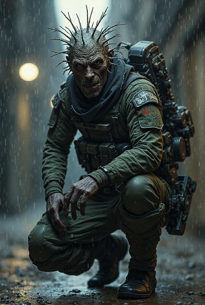 photorealism, hyperrealism, cinematic, A stunning street style portrait of a rugged post-apocalyptic, GREEN GOBLIN. braving the elements. Dressed in traditional costume with military camouflage details with a worn texture, he stands against a desolate urban backdrop. Rain falls, creating a cinematic atmosphere as the drops hit the surface of the coat. Intricate details such as patched repairs and buckled straps accentuate the character's resilience and resourcefulness. The scene is captured in a high-contrast, emphasizing the interplay of light and shadows.