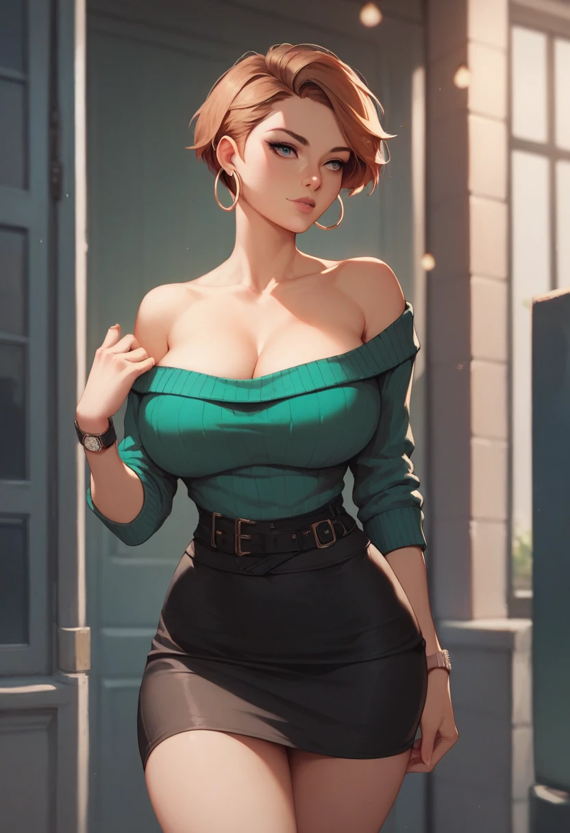 portrait lone (Scarlett Johansson) as (buruma_brief_older Buruma_DBZ_Buu)1.4, (cleavage large_breasts, stylish long haircut, tshirt-top, (long-skirt), pantyhose)1.2 (dressed as police officer)1.2, training to dance, front view, (high detailed skin:1.2)(realistic pupils,realistic iris:1), 8k, aqua_hair, studio lights, glowing colors, glowing skin, pastel color, colorful, many different colors, (red:1.3, green:1.1, blue:1.2)