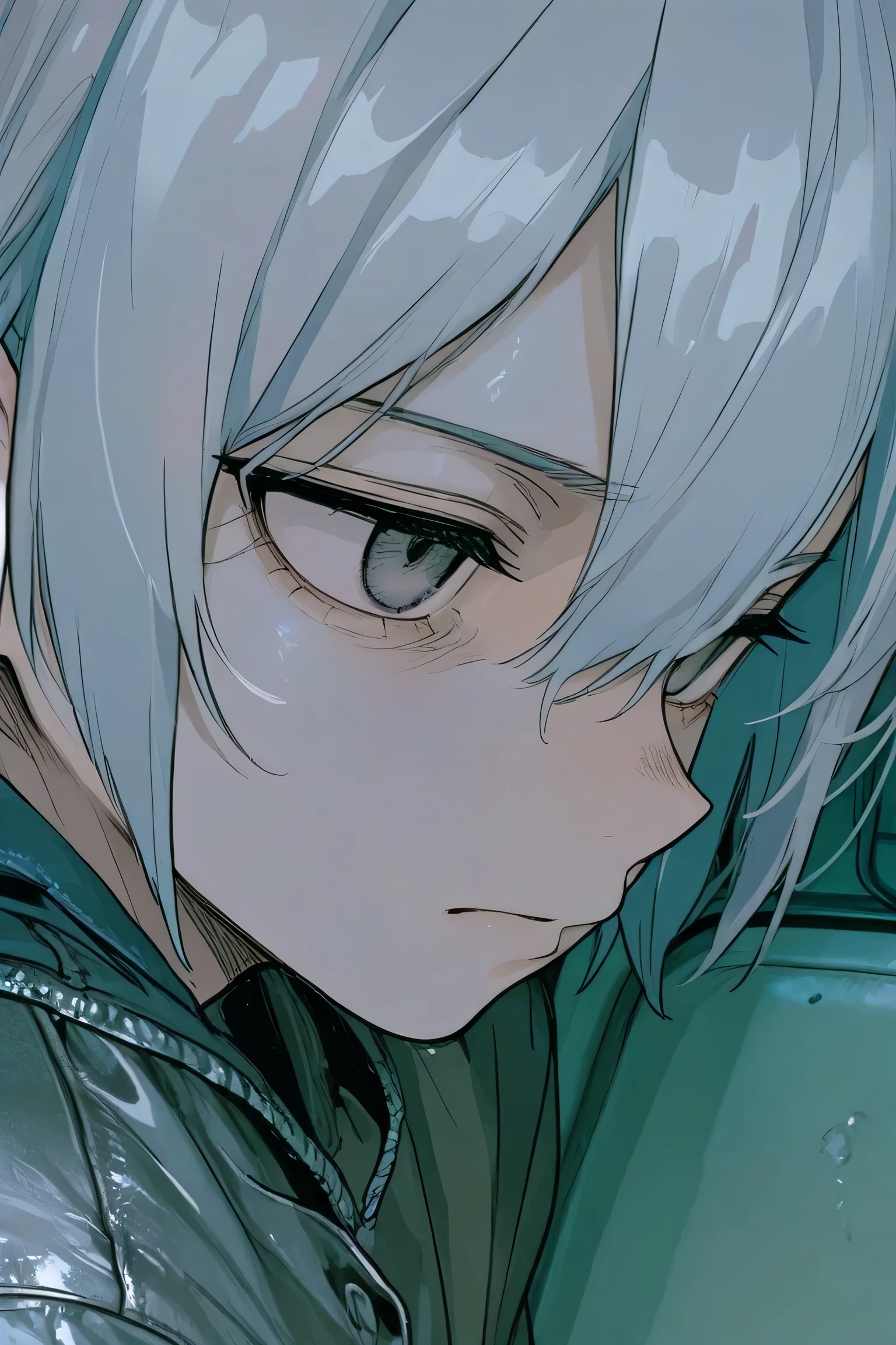 serious expression, short silver hair, Anime style, student uniform, close up portrait, side view, Empty gray look, soft leather, Minimum fund, Interior environment, faint environment , sharp focus on the face, digital illustration,  old young boy, empty look without expression, Detailed, without deformations, wallpaper , rostro Detailed, watching someone over his shoulder, uniforme Detailed, uniforme without deformations, cuerpo without deformations, cuerpo Detailed, cold eyes , without deformations Detaileds