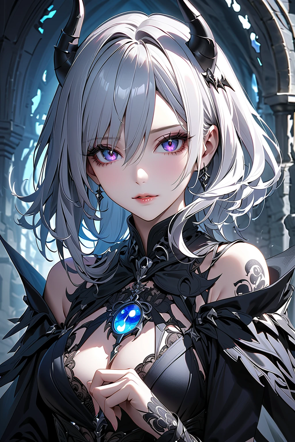 8k,High resolution RAW color art,Anime Art, (((Very detailed and cool))), Detailed skin, Blur、texture,(Exquisitely crafted, The finer details, Ultra-detailed art), (((1 girl))), Depth of written boundary, Silky Touch, Hyper Detail, (((Cool face))), eye shadow、Silver Marble Skin, Beautiful detailed red eyes, Beautiful lip detail, Very delicate face, Delicate depiction of hair and eyes, Detailed Fashion, Silver earrings,Silver Bracelet、Full body depiction, Black half top、(((Shoulder Bare)))、Black shorts、black waist cloak、black tights、 A little bit of grey hair, Straight Hair、Semi-long hair、(((Hair)))、water surface、silk clotheatte