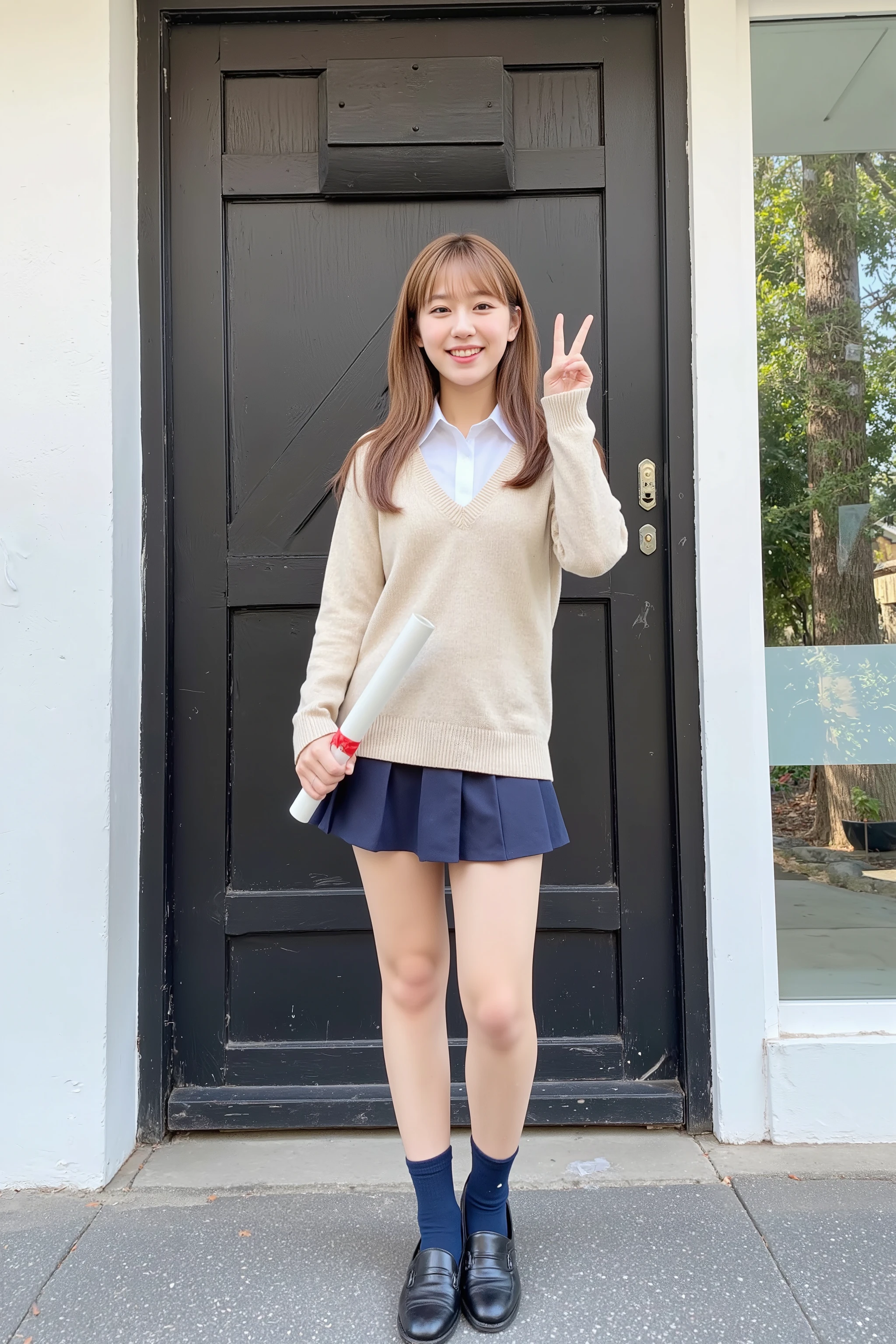 A Japanese high school girl in her graduation ceremony, posing for a commemorative photo in front of the school's main gate. She is wearing a beige V-neck lightweight sweater over a white dress shirt, layered with a navy blue blazer. She also wears a navy blue pleated mini skirt, navy blue socks, and loafers. She stands in front of the school gate with a bright smile, making a peace sign with one hand while holding her graduation diploma in the other. The image is a front-facing, photorealistic composition