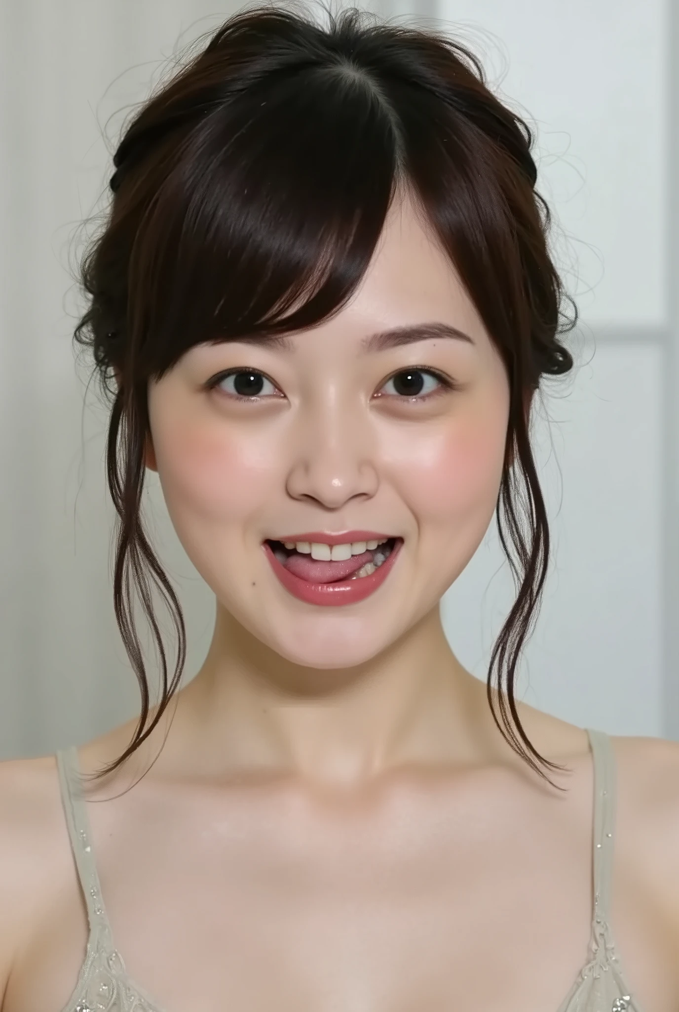 (( Best Quality )), ((masterpiece)), ( details), First-person perspective ,1 girl, sexy,( Bring Your Face Closer ),((I'm opening my mouth wide to show my tongue )),((underwear, short bob hair)), black hair , ((not wearing makeup))