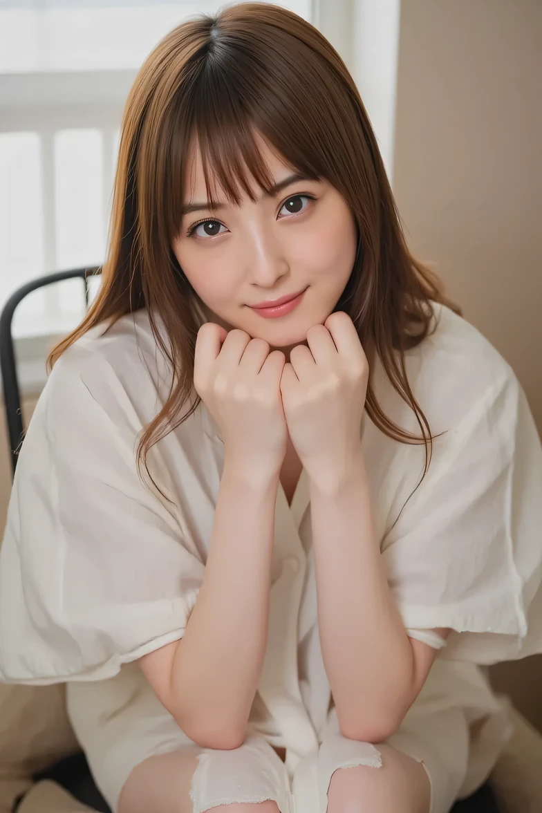 ((( View the full cheek in a low-angle shot、 biologically accurate images 、 pussy is wet and stares at the camera :1.22, lean forward , loose open shirt 、 underwear))), 1 Japanese woman, hotel room 、 Indirect Illumination、 Nudes, completely naked,