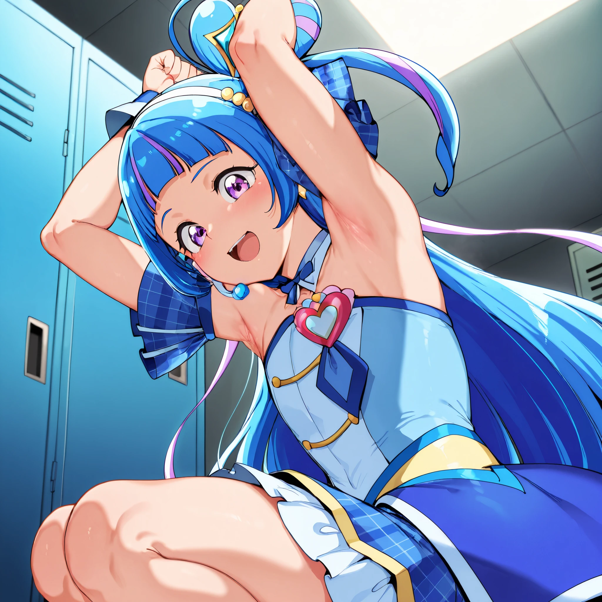 curewink, cure wink, kimi to idol precure, blue hair, magical girl, mini crown, purple eyes, blue dress, tilted headwear, very long hair, blunt bangs, bare shoulders, hairband, two-tone hair, purple hair, jewelry, idol clothes, idol,heart brooch, headset,
,BREAK, armpit, arms over head, focus on armpit,
smile, ,scorn,open mouth, (cheerful),looking at viewer,\(red blush\), embarrassed, face closeup,
BREAK,Alp,
,Squat,looking down at viewer,Squatting,
from side,show armpit from short sleeves,
((masutepiece,hight resolution)), masutepiece, Best Quality, , absurderes, Perfect Skin, Detailed skin texture, ultra-detailliert, 8K, Intricate details, beautifull detailed face,hight resolution, 1girl ,from front,
indoors,locker room