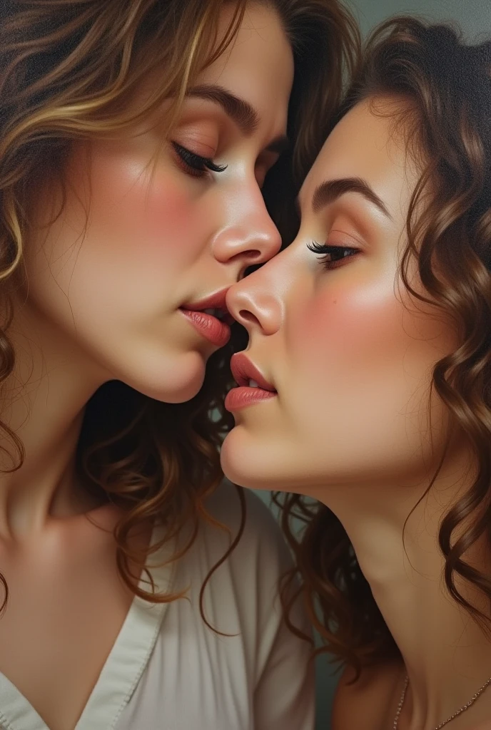 "(1.5:artwork), (1.5:best quality), clear focus, 8k, hdr, raw photo, (1.5:realism), (2 women kissing, Michelle Monaghan and Emily Blunt, y, sexkiss)"