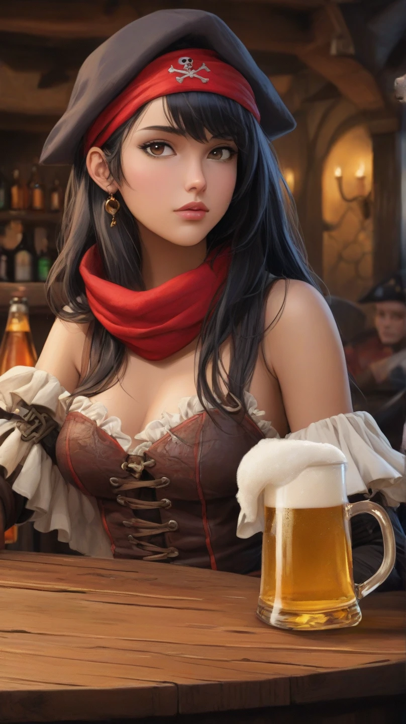 Sexy Female pirate, NSFW, flat-chested, doctor, bottle of rum