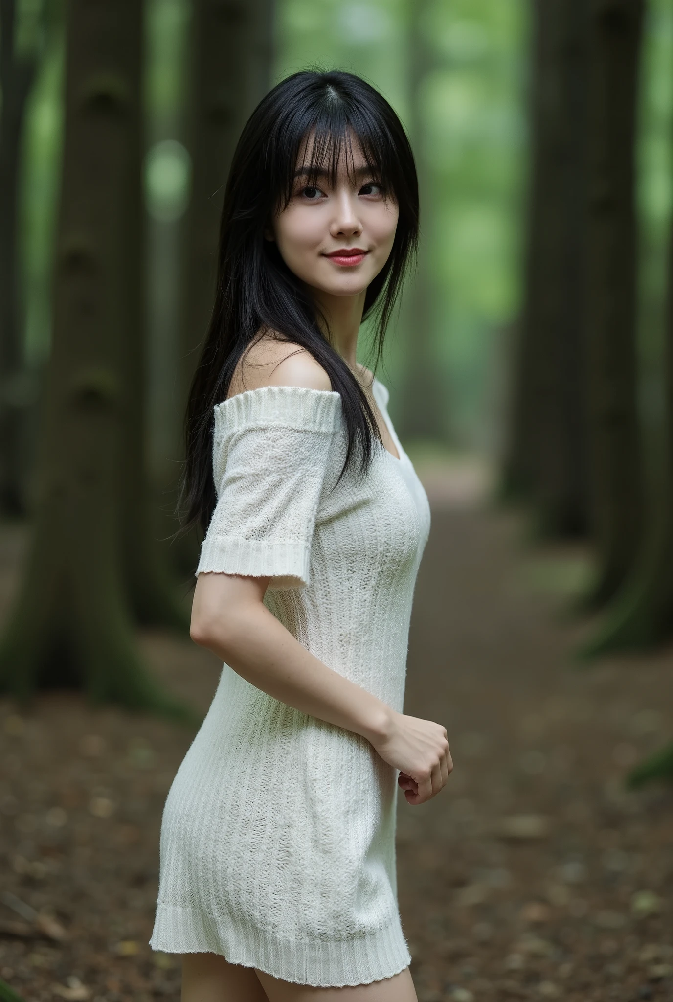 Create a portrait of a stunning Japanese actress with a slender physique, medium bust, and delicate, beautiful legs. She has lifeless, pale skin and long, messy black hair that partially covers one eye. Capture her smiling while she wears a pure white knit mini dress and is barefoot. The background should be a forest, enhanced with dramatic lighting to accentuate the scene.