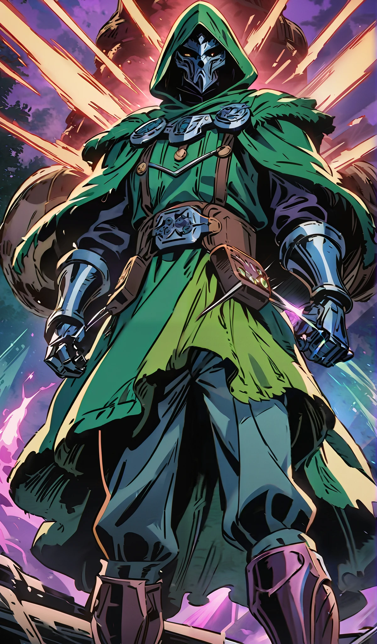 Drawn in 80’s anime art style.
Retro anime. Vintage Anime. Classical Anime.
The outfit is a highly recognizable and iconic superhero suit, primarily green and black, designed for both style and functionality. Here’s a detailed breakdown of its elements:
This person’s combat attire is a fusion of medieval warlord aesthetics, cutting-edge technology, and dark sorcery. He wears a cold, expressionless metal mask fused to his scarred face, paired with a reinforced helmet for added protection. His titanium alloy armor, sometimes infused with vibranium, grants superhuman strength, energy projection, and force field generation, making him nearly indestructible. Over this, he dons a fire-resistant green cloak and hood, often enchanted for extra defense. His gauntlets and boots contain built-in electrical weapons, jet propulsion for flight, and shock-absorption systems. A utility belt holds advanced gadgets, anti-magic tools, and teleportation devices, while his armor is infused with sorcery, allowing him to resist and counter magical attacks. His regal golden clasps, bearing the Latverian insignia, sometimes function as power sources or communication devices. This fearsome combination of strength, science, and sorcery makes them an unstoppable force on the battlefield.
This outfit not only provides protection but also enhances the Superhero’s combat capabilities, making them an effective and stylish anti-hero.