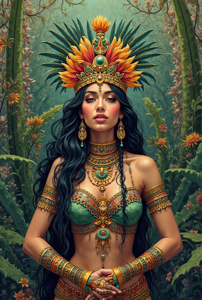 painting of a beautiful woman shaman holding a bole of Ayahuasca, mayan style, classic mayan mythology, aztec mythology, tribal ancient imagery, very intricate art, insanely detailed art, very detailed art, aztec iconography, mayan god, intricately detailed artwork, hyper detailed art, aztec god, clean detailed art, incredibly detailed art, highly detailed art, extremely detailed art. by Ray Shark