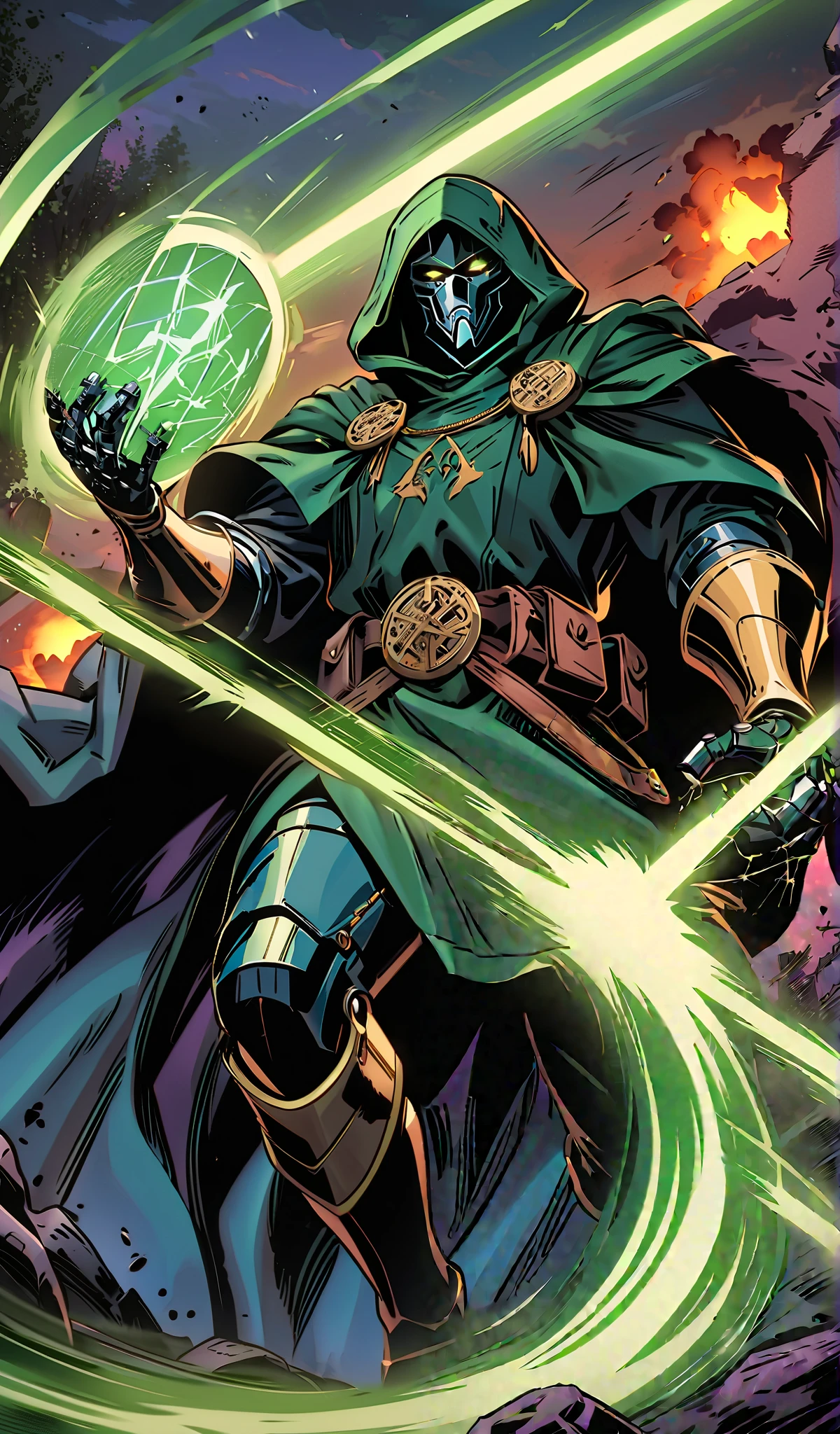 Drawn in 80’s anime art style.
Retro anime. Vintage Anime. Classical Anime.
The outfit is a highly recognizable and iconic superhero suit, primarily green and black, designed for both style and functionality. Here’s a detailed breakdown of its elements:
This person’s combat attire is a fusion of medieval warlord aesthetics, cutting-edge technology, and dark sorcery. He wears a cold, expressionless metal mask fused to his scarred face, paired with a reinforced helmet for added protection. His titanium alloy armor, sometimes infused with vibranium, grants superhuman strength, energy projection, and force field generation, making him nearly indestructible. Over this, he dons a fire-resistant green cloak and hood, often enchanted for extra defense. His gauntlets and boots contain built-in electrical weapons, jet propulsion for flight, and shock-absorption systems. A utility belt holds advanced gadgets, anti-magic tools, and teleportation devices, while his armor is infused with sorcery, allowing him to resist and counter magical attacks. His regal golden clasps, bearing the Latverian insignia, sometimes function as power sources or communication devices. This fearsome combination of strength, science, and sorcery makes them an unstoppable force on the battlefield.
This outfit not only provides protection but also enhances the Superhero’s combat capabilities, making them an effective and stylish anti-hero.